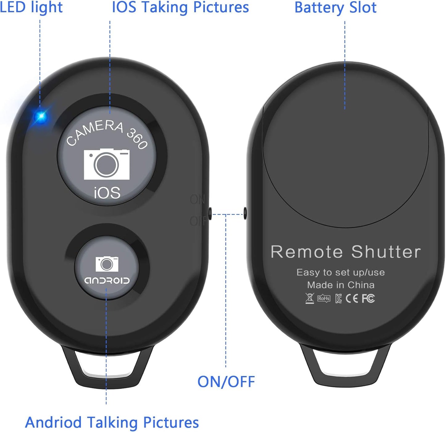 Wireless Camera Remote Shutter for Smartphones (2 Pack), zttopo Wireless Phone Camera Remote Control Compatible with iPhone/Android Cell Phone - Create Amazing Photos and Selfies, Wrist Strap Included