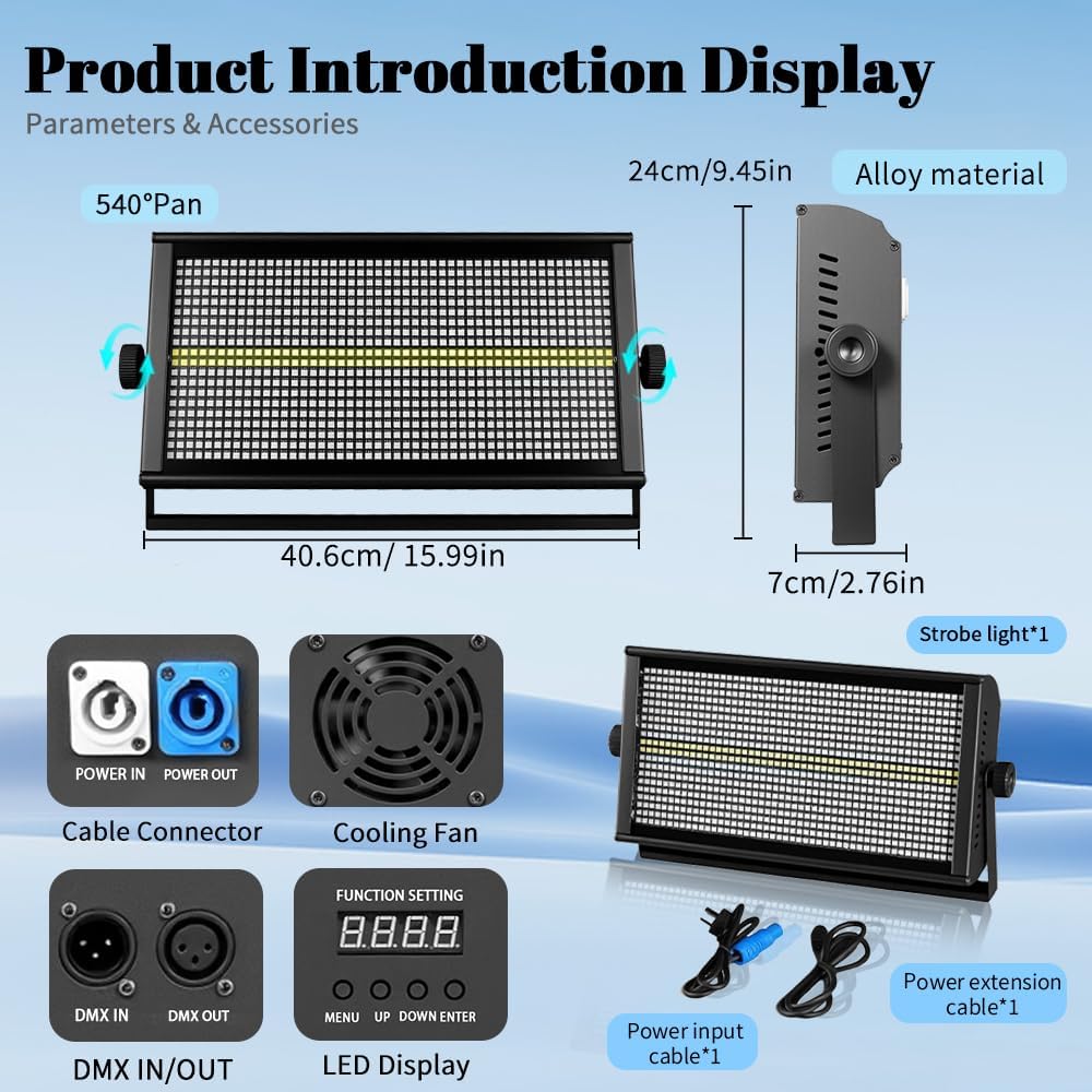MINGJIE 500W LED Stage Strobe Wash Light with 960 LEDs RGBW 12 Colors, DMX512/Sound Activated/Auto/Master-Slave Modes, Metal Housing for DJ Disco Party Wedding Church Bar Stage Lighting (1PC Light)