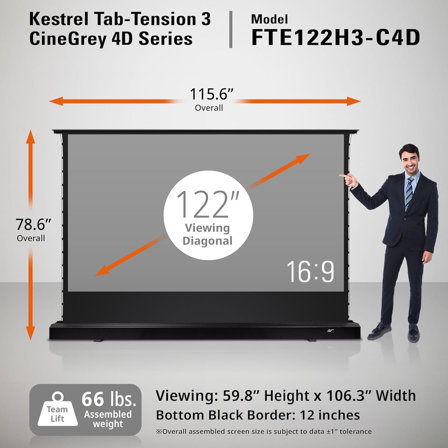 Elite Screens Kestrel Tab-Tension 3 CineGrey 4D, 122 inch 16:9, Standard Throw ISF Ceiling Ambient Light Rejecting (CLR/ALR) Electric Floor-Rising Projector Screen, Programmed Remote Kit, FTE122H3-C4D