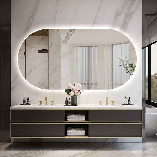 55"x28" Oval Led Bathroom Mirror with Lights, Frameless Backlit Vanity Mirror for Wall, Anti Fog Smart Mirror with 3 Colors Stepless Dimmable, Waterproof, Explosion-Proof, Vertical/Horizontal