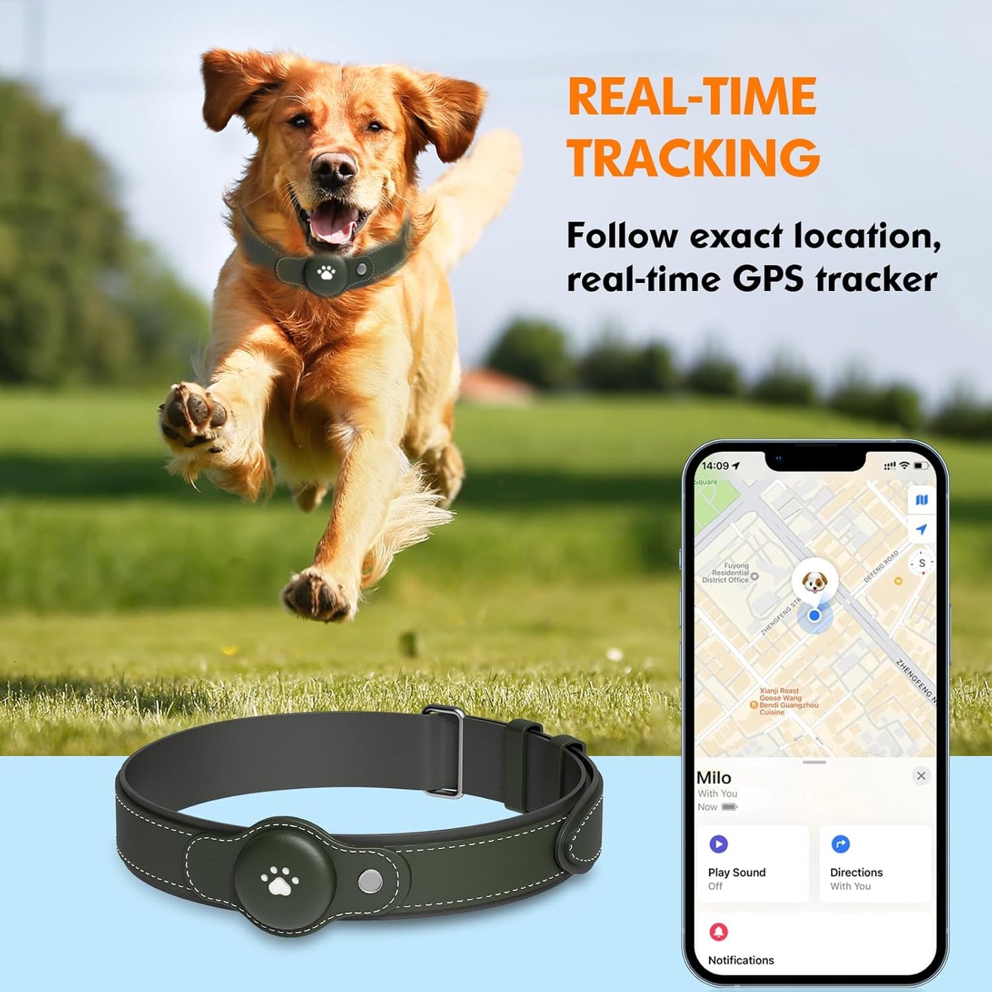2-in-1 GPS Tracker for Dogs&Cats : Smart Collar with Real-Time Location, No Monthly Fee, Unlimited Range (iOS Only) GPS Tracker Dog Collar- Ideal for Small, Medium Large Dogs(Tracker Included)(Green)