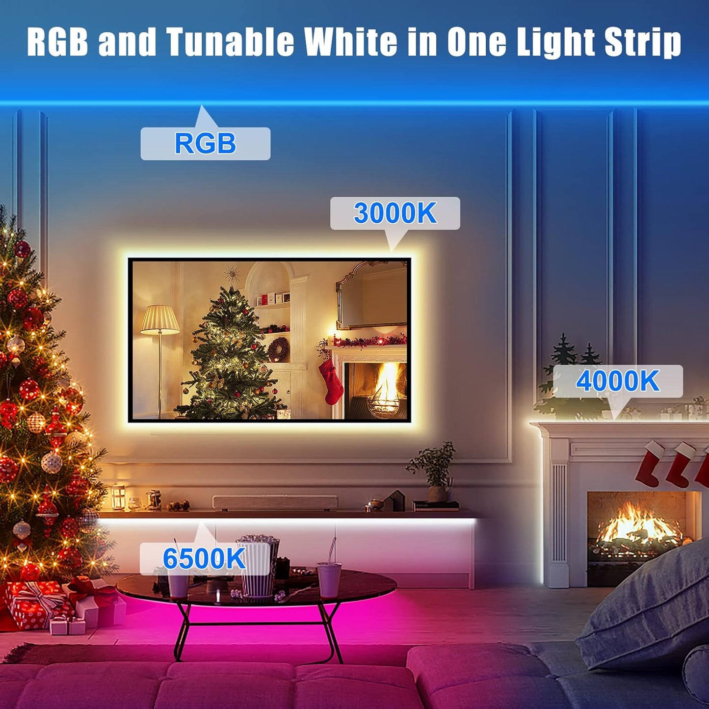 RGBWW Smart Led Strip Lights, 16.4ft Tunable White 3000K to 6500K+RGB WiFi Led Light Strip Work with Alexa and Google, Color Changing Music Sync Indoor Rope Lights for Bedroom, TV, Cabinet