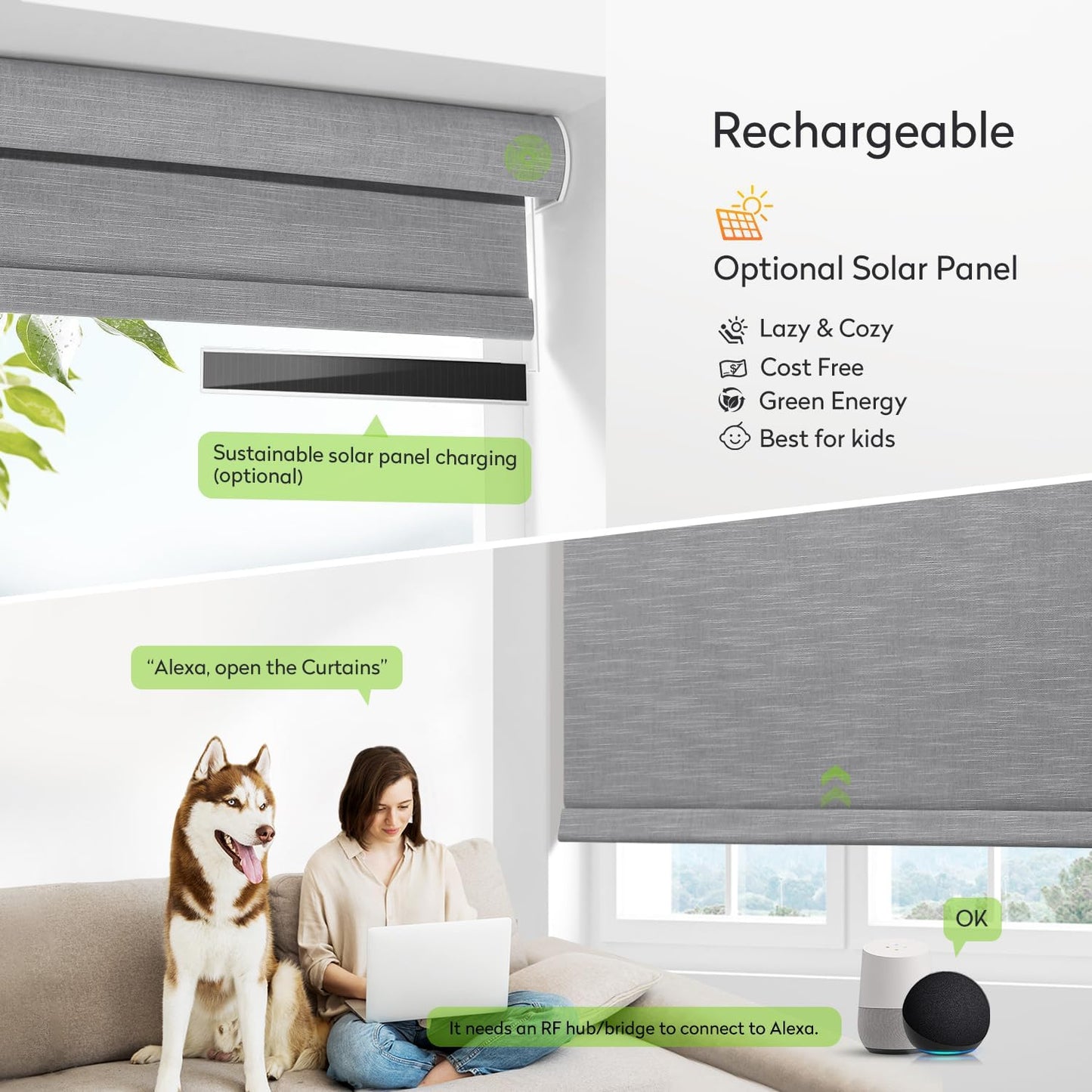 ZSTARR Motorized Blackout Roller Blinds with Remote Control,Rechargeable Smart Window Shades Compatible with Alexa Google via Hub,Fabric Wrapped Valance, Custom Size (Gray)