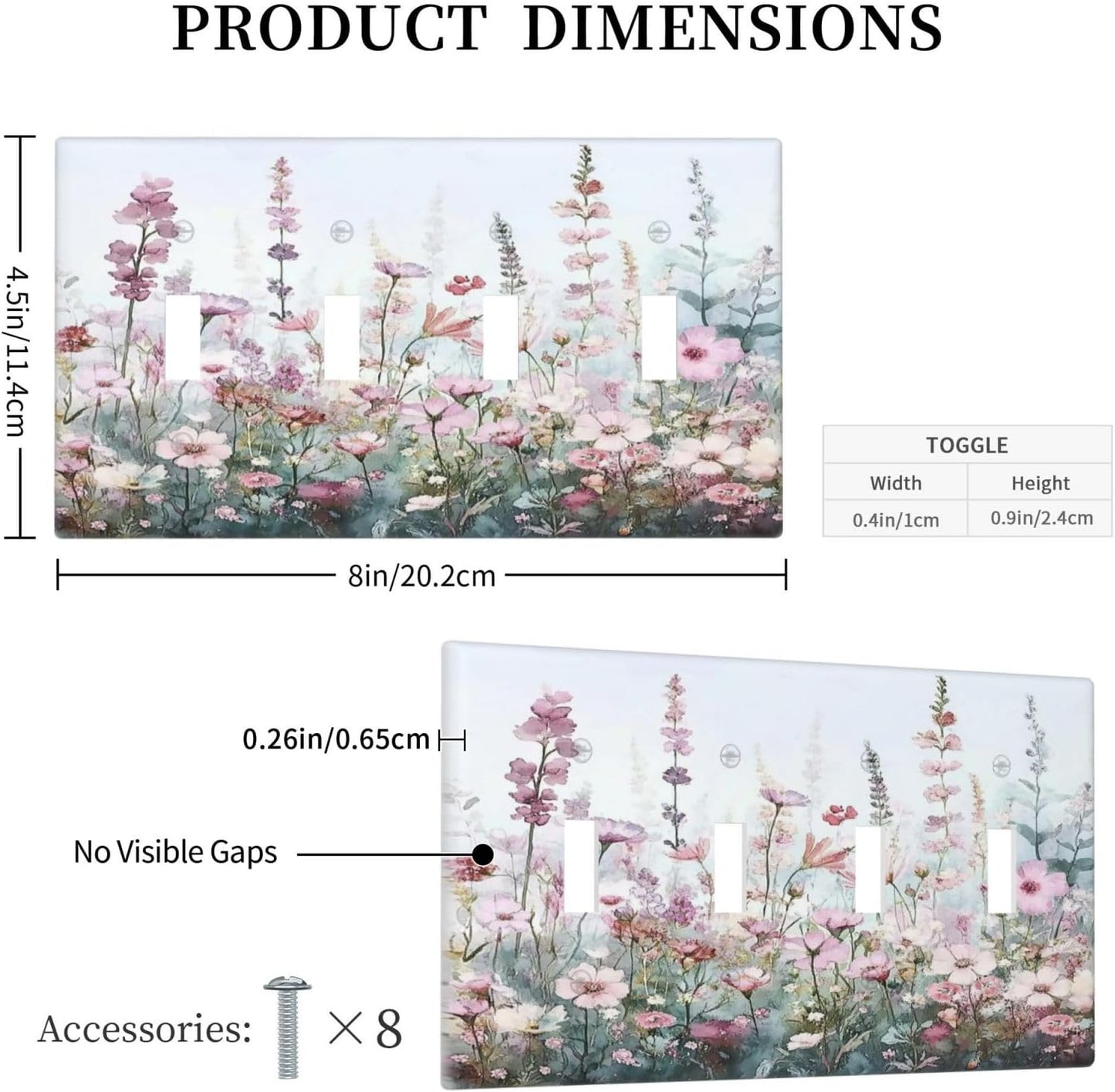 Pink Floral Watercolor Botanical Wildflowers Light Switch Covers Quad Toggle Electrical Faceplate 4 Gang Wall Plate Decorative Switch Plates For Bed Room Living Room Decor