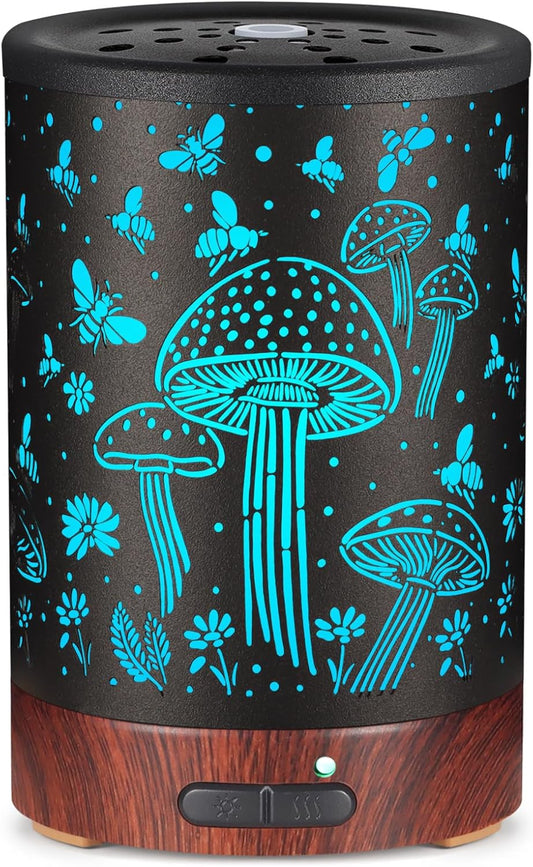 Essential Oil Diffuser- Aromatherapy Diffuser with7 Colors Light and Auto-Off for Women Metal Cool Mist Humidifier for Home and Office for Mom Women（Mushroom + Bee）