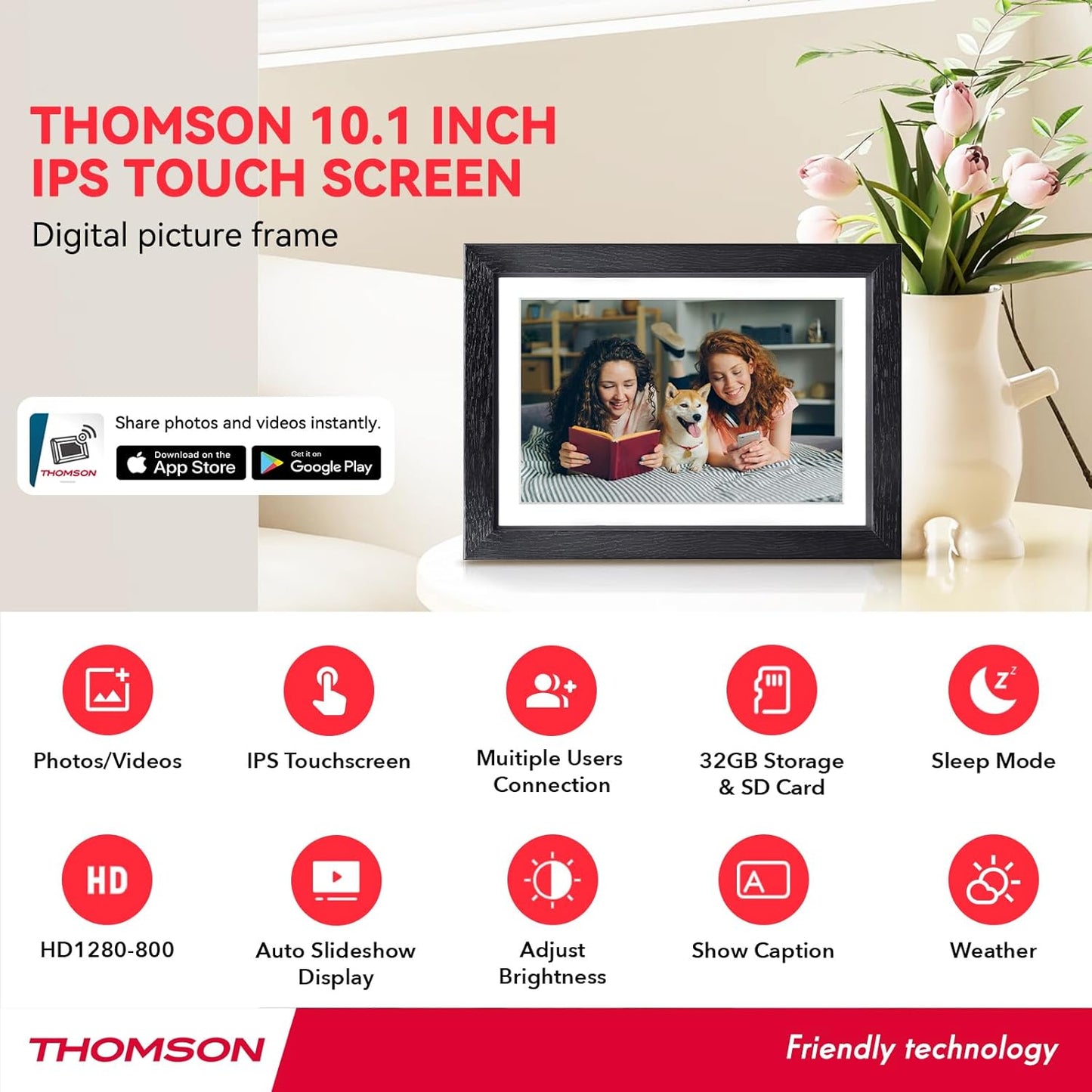 THOMSON Digital Picture Frame, Digital Photo Frame WiFi with 32 GB, HD IPS Touch Screen, Auto-Rotate, Slideshow, Share Photos/Videos from Phone by App (10.1Inch Wood)