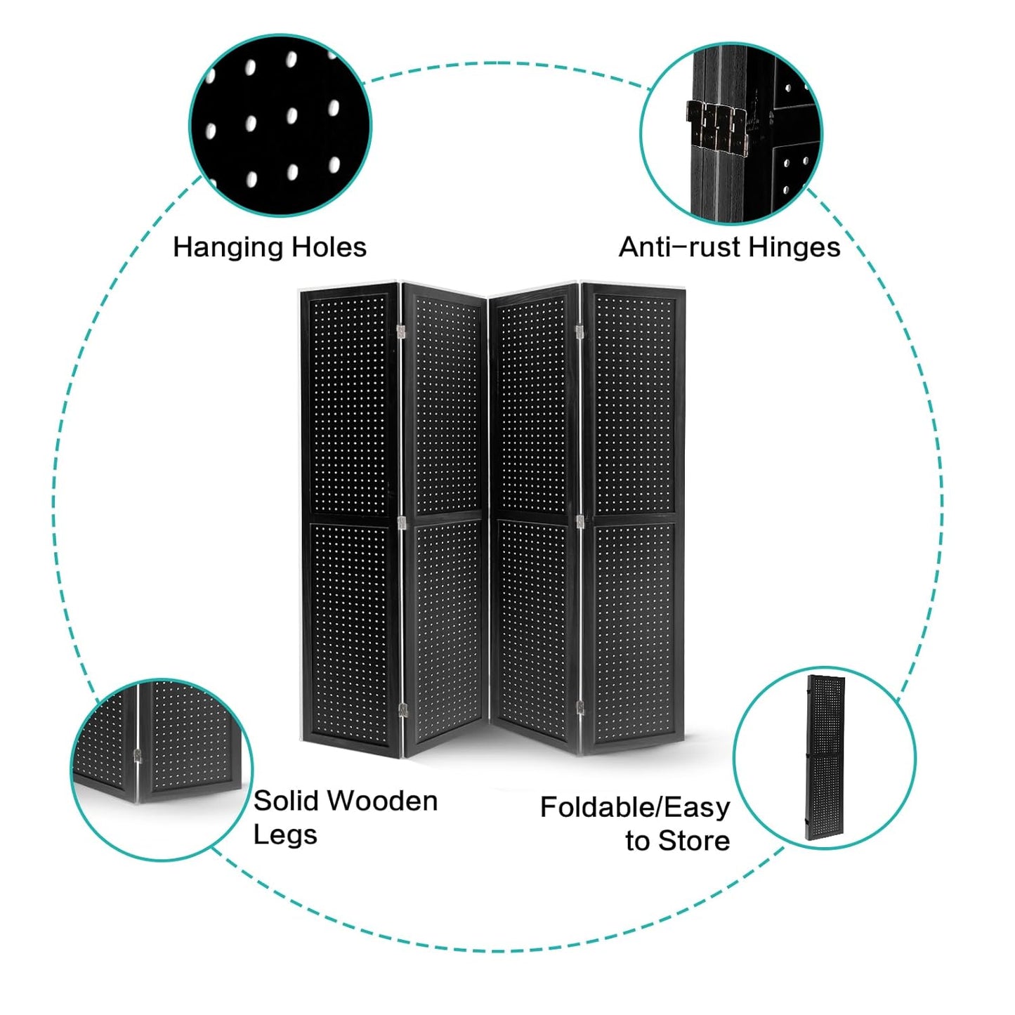 Babion 4 Panel Pegboard Display, Peg Board Room Divider Freestanding Folding Privacy Screens Display Stand for Craft Shows (Black)