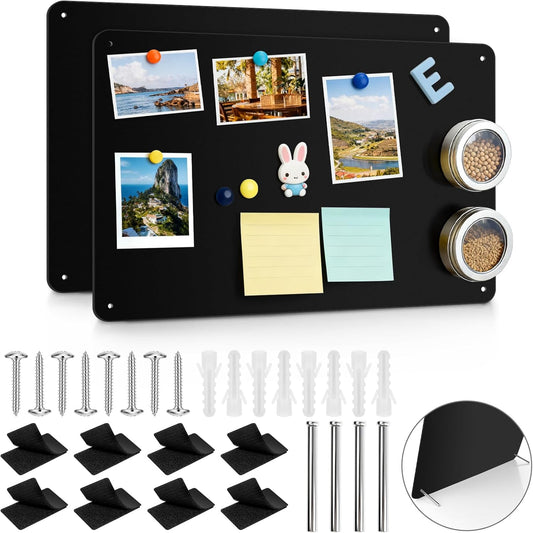 ARVOK 2 Pack Black Magnetic Board 17.1" x 11.8", Metal Magnet Bulletin Board for Wall, Refrigerator, Cabinet, Display Notes, Photos, Poetry, Includes 8 Screws & 8 Dual Lock Tapes, 4 Support Screws