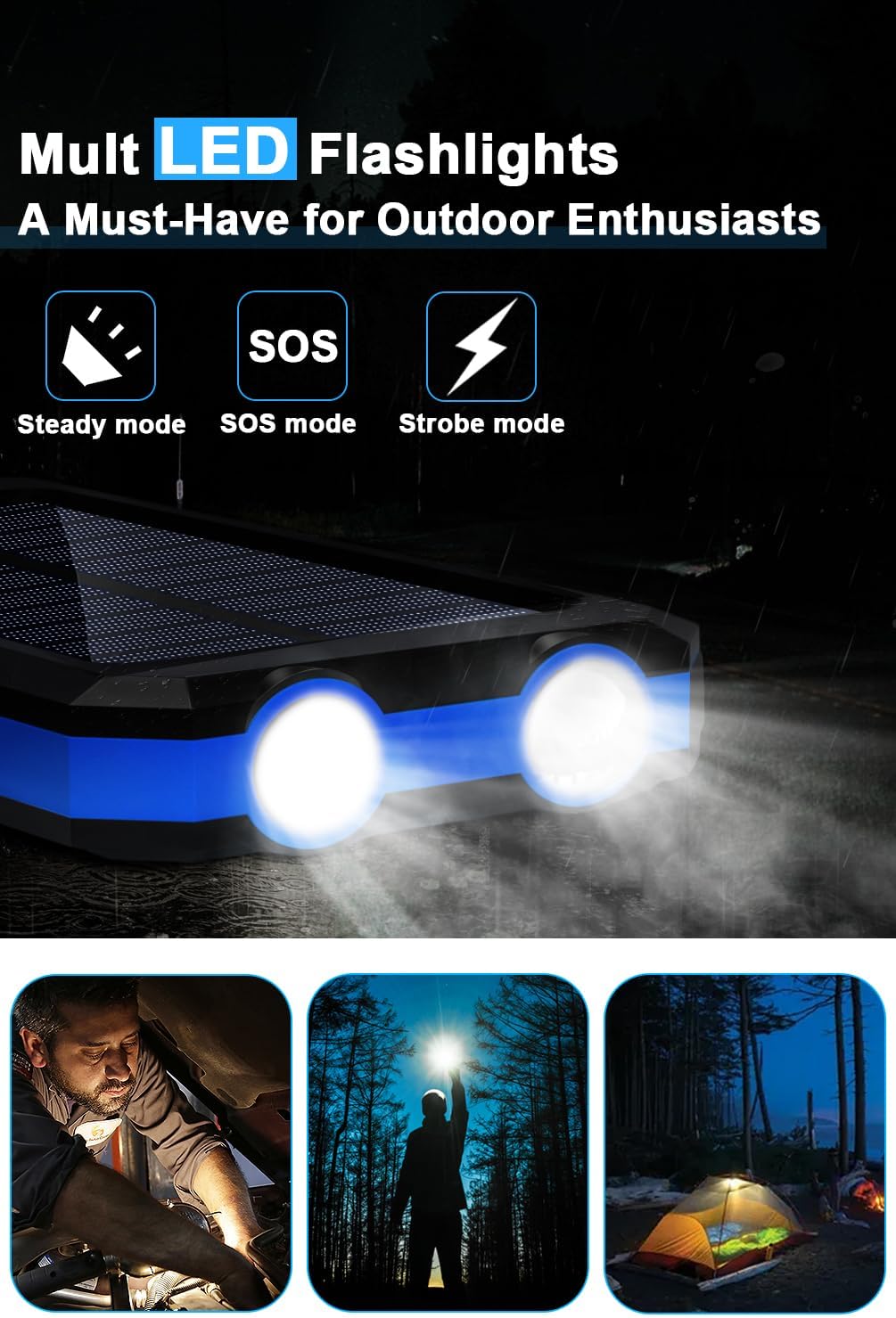 WONGKUO Solar Charger Power Bank - 36800mAh Solar Phone Charger, QC3.0 Fast Charger with LED Flashlight, IP65 Waterproof Portable Power Bank for Outdoor Activities (Blue)