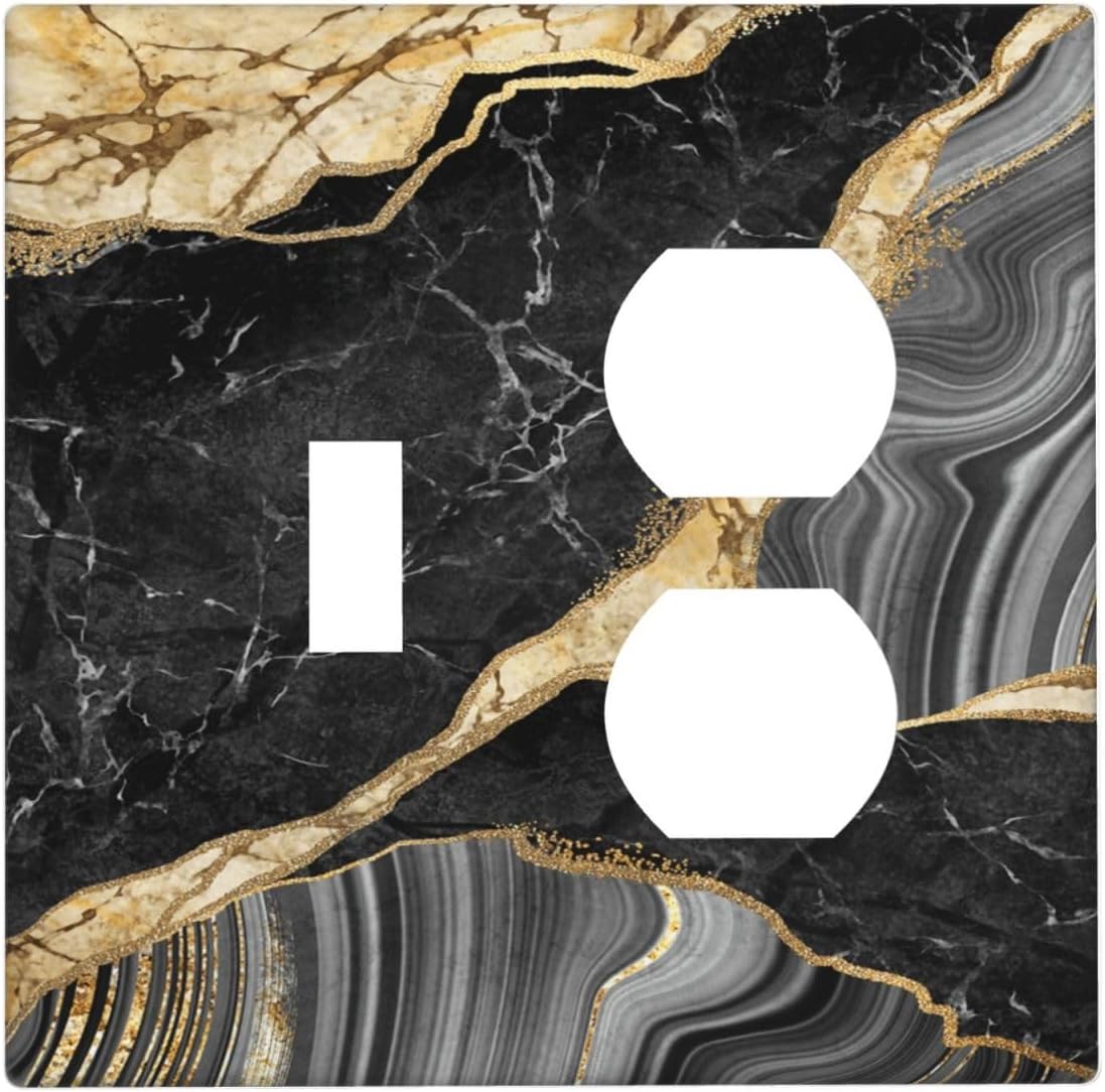 Decorative Outlet Covers Modern Abstract Black Gold Marble 2 Gang Wall Plate Single Toggle Duplex Light Switch Cover Switch Plate Covers for Bathroom Kitchen Home Decor