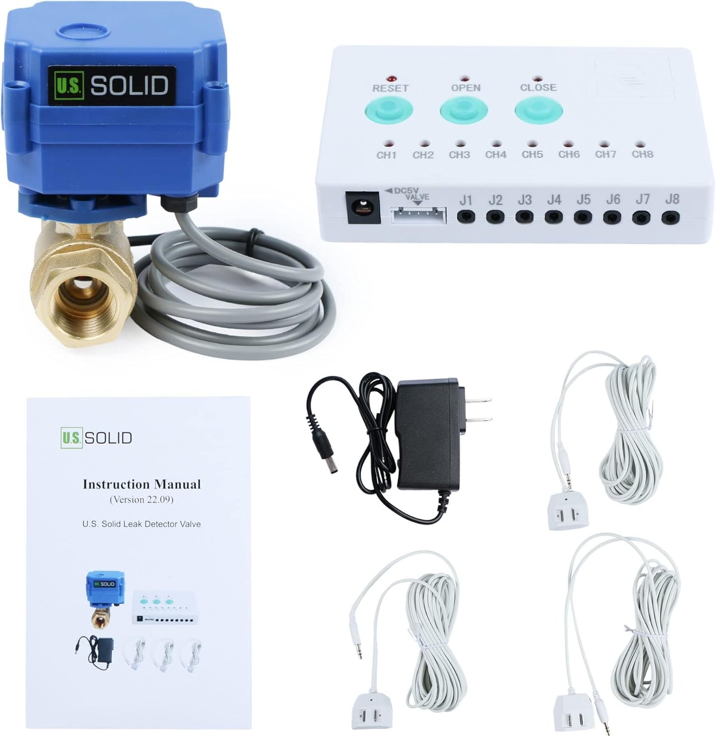 U.S. Solid Water Leak Detector - Water Leak Detect and Protect System with 1/2" Brass Motorized Ball Valve, Controller and 3 Sensors