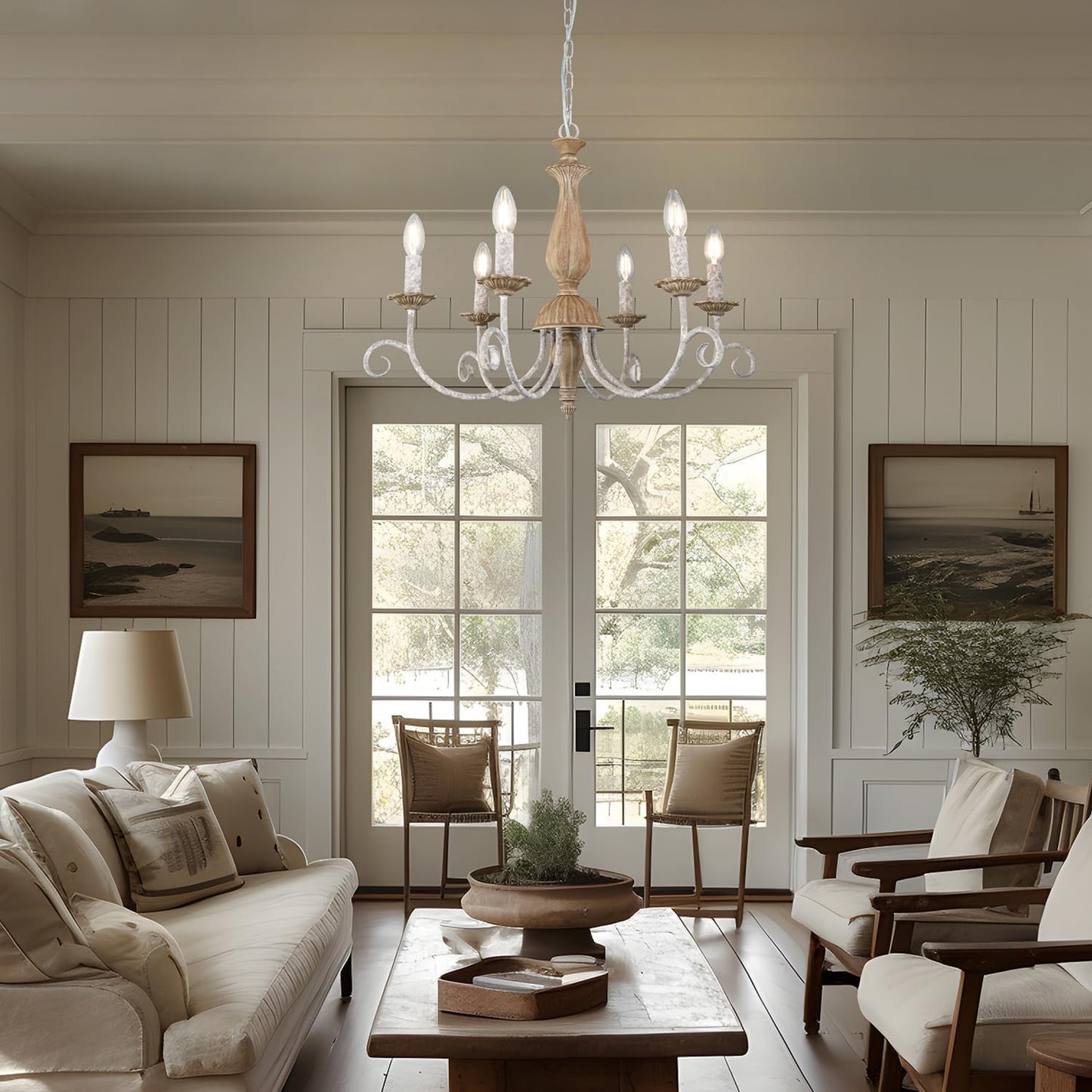 French Country Chandelier,6-Light Farmhouse Vintage Antique Brown Metal Chandelier Pendant Light Fixtures for Kitchen Island Dining Room Living Room Foyer Entryway Office