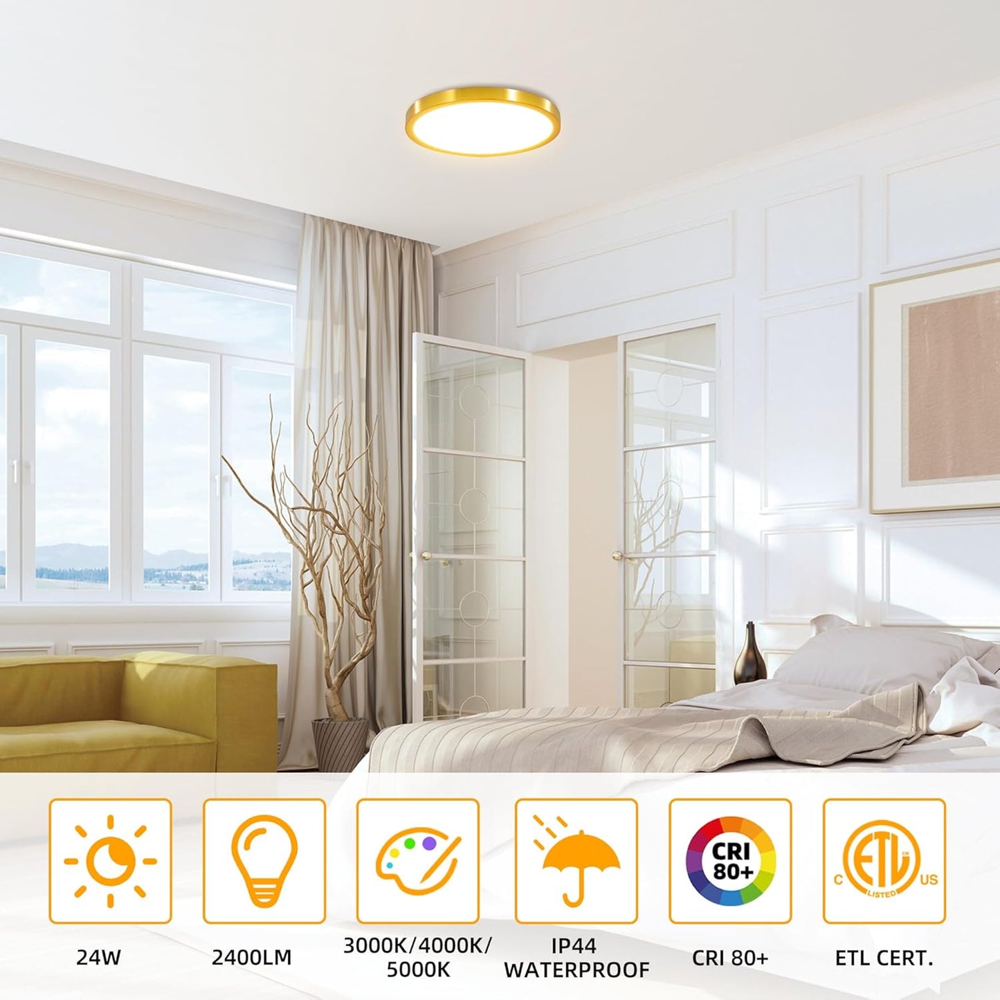 Hlite 4pack 12 inch Flush Mount LED Ceiling Light Fixture,24W 2400LM Super Slim Light Fixtures Ceiling Mount 3000K/4000K/5000K 3CCT Selectable,Light Fixtures for Kitchen,Bedroom (Gold)