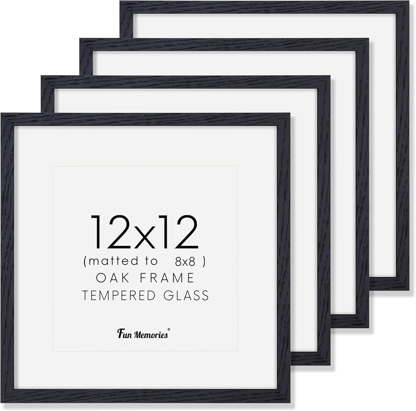 12x12 Picture Frames Set of 4, Black Wood Picture Frame 12 x 12, Oak Wood 12 by 12 Frames with Real Glass, Square 12 x 12 Photo Frames for Wall, 12x12 Frame with Mat for 8x8, Wall Gallery Frame Set