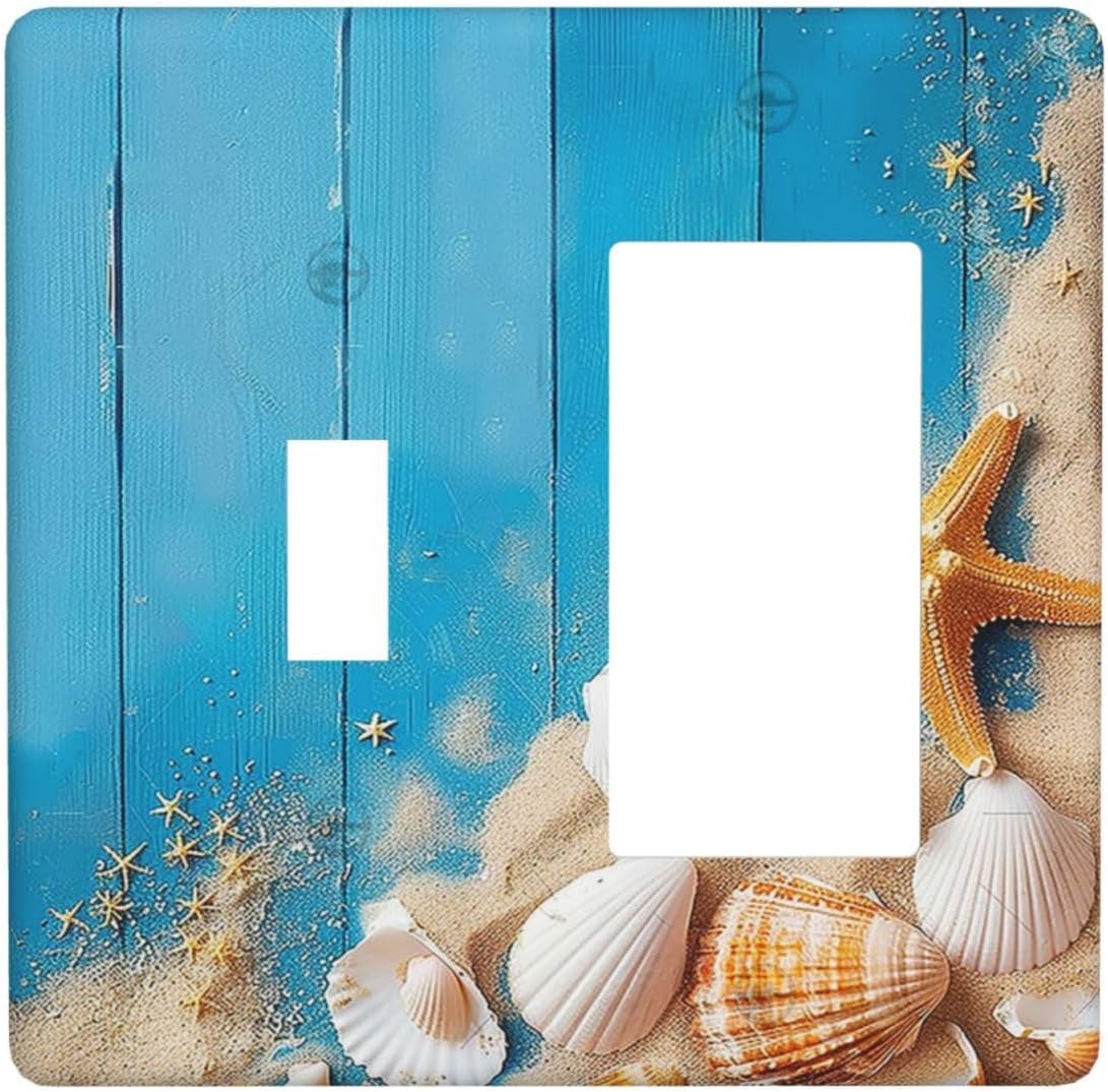Outlet Covers Blue Wood Grain Beach Shell Starfish 1 Toggle 1 Rocker Combination Decorative Wall Plate Electrical Switch Plates Light Switch Cover Plate for Bathroom Farmhouse Decor