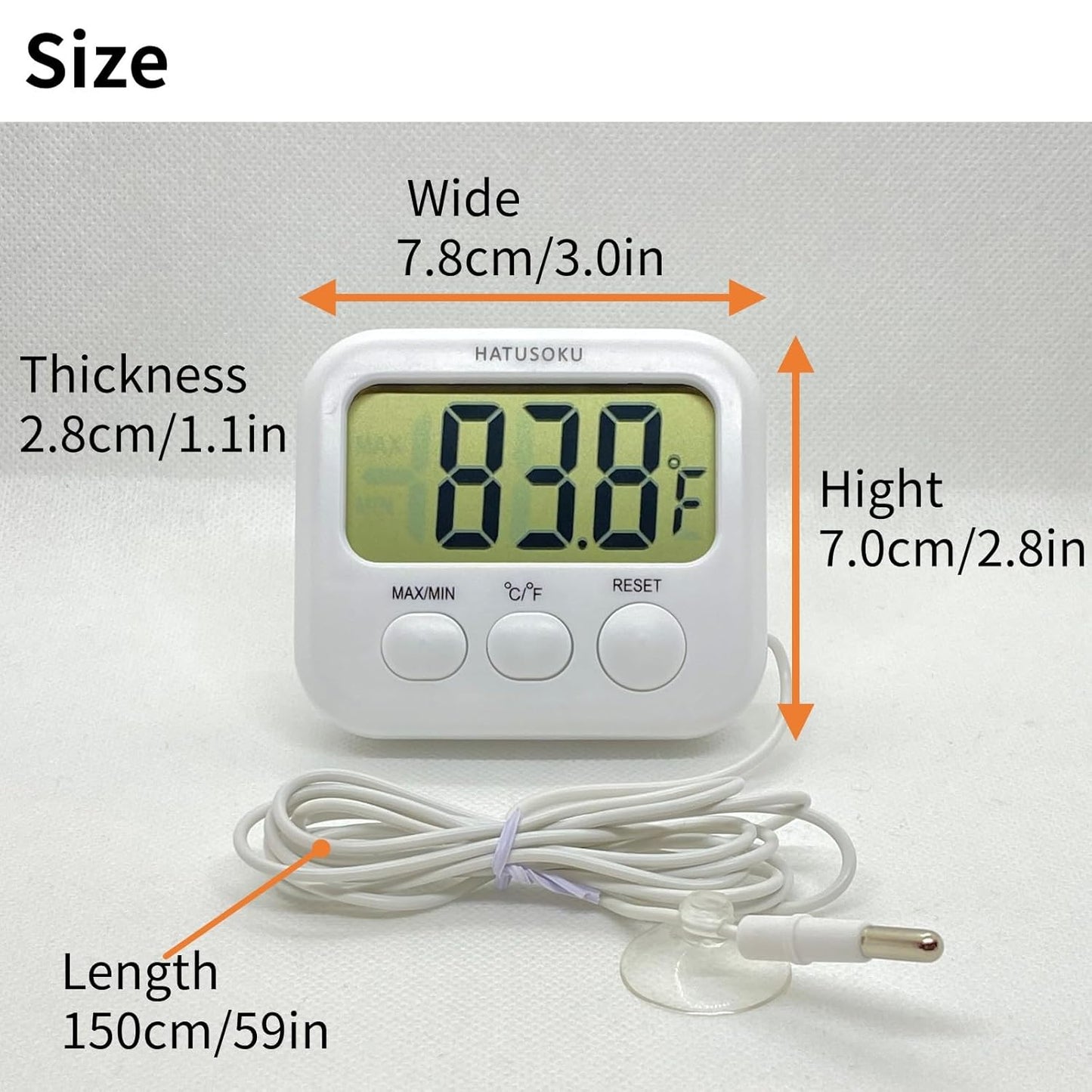 Digital Thermometer with External Sensor, Magnet, Suction Cup, Water Thermometer, Aquarium, Refrigerator, Freezer (White)
