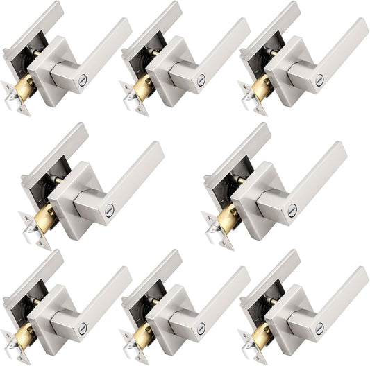 Probrico Interior Brushed Nickel Door Handle, Heavy Duty, Flat Square Privacy Door Handles, Keyless Door Levers Lockset for Bedroom and Bathroom, 8 Pack