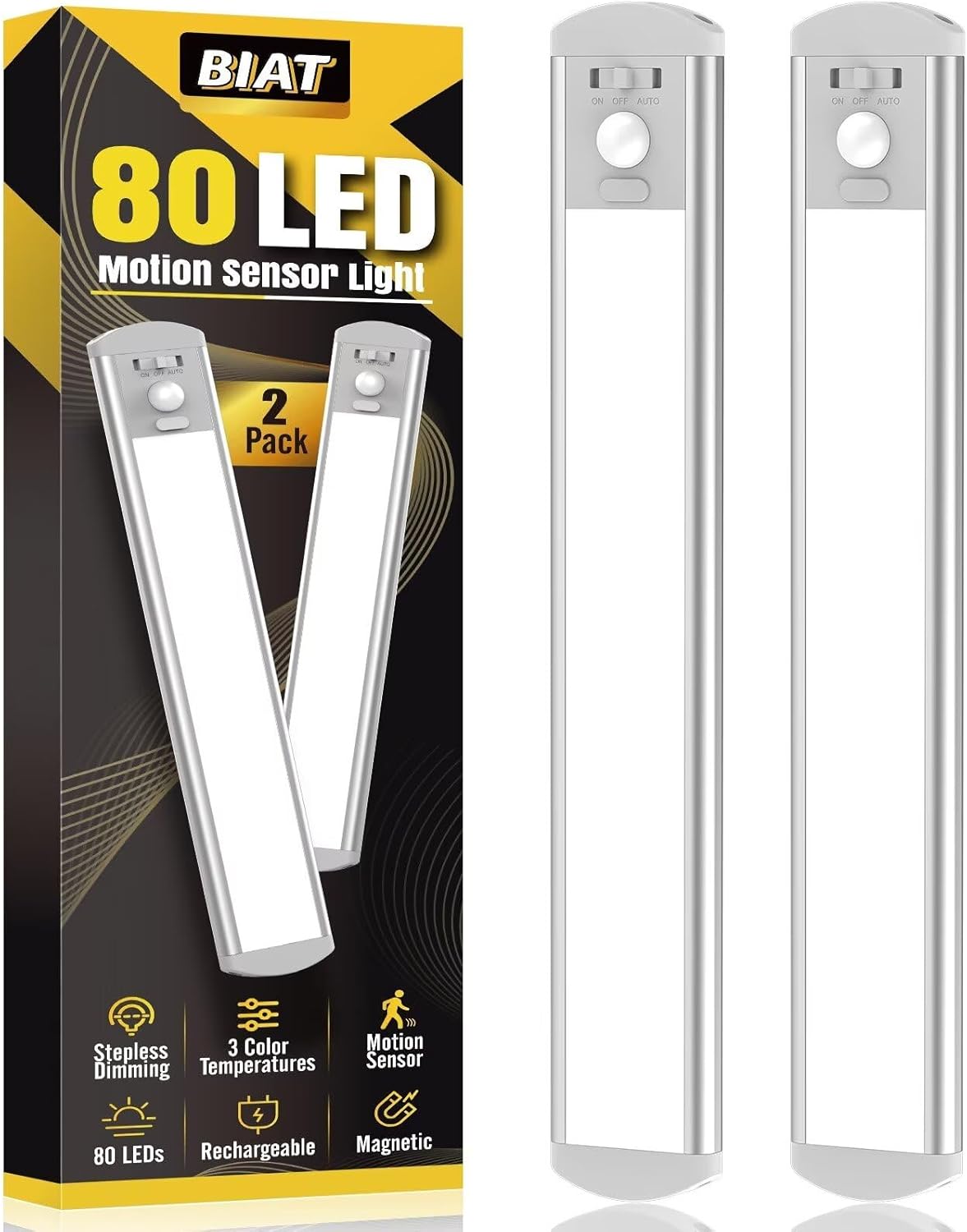 BIAT Under Cabinet Lights 2PCS, 80 LED Motion Sensor Indoor, Rechargeable Closet Lights with 3 Color Temps, Dimmable