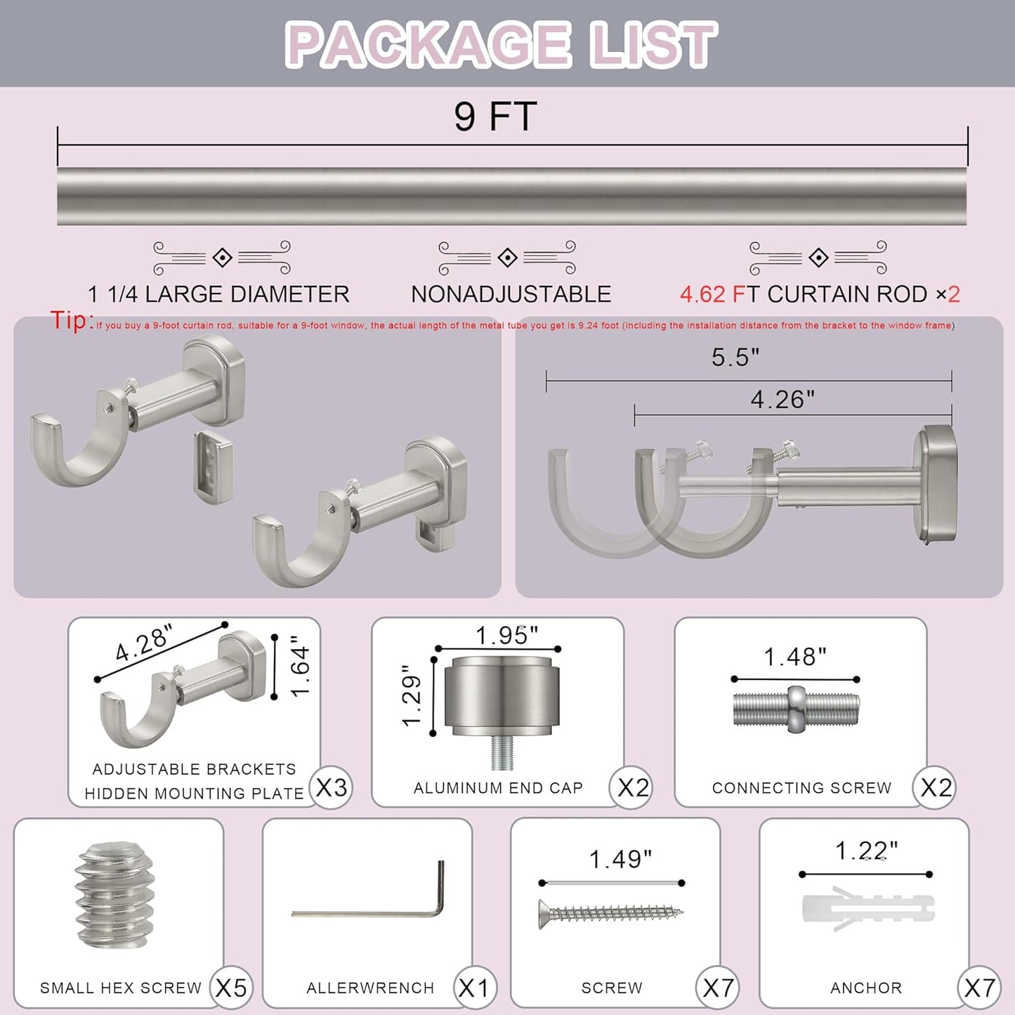 Heavy Duty Curtain Rods,1 1/4" Large Diameter Premium Nonadjustable Curtain Rod,108in/9ft Custom Window Treatment Rods with Durable Aluminum Brackets and End Caps,Brushed Nickel Finish