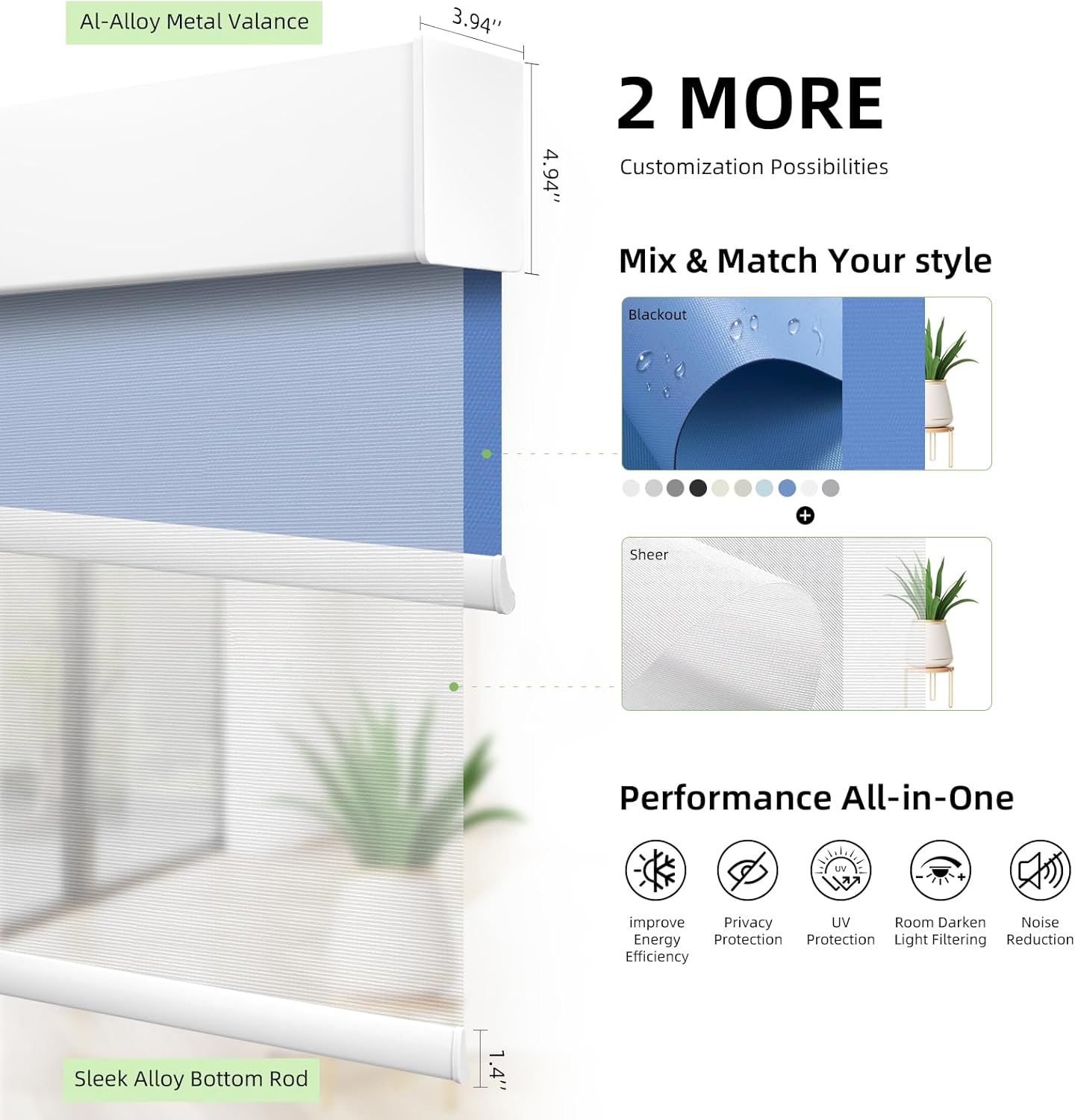 ZSTARR Motorized Day and Night Dual Smart Blind for Window with Valance Rechargeable Motor,Blackout Roller Shade Custom Size,with Valance Suitable for Home,Office (Full Blackout Dark Blue)