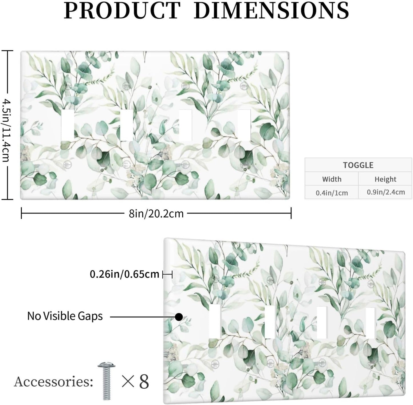 Boho Green Eucalyptus Leaf Floral Plants Flowers Light Switch Covers Quad Toggle Electrical Faceplate 4 Gang Wall Plate Decorative Switch Plates for Bed Room Living Room Decor