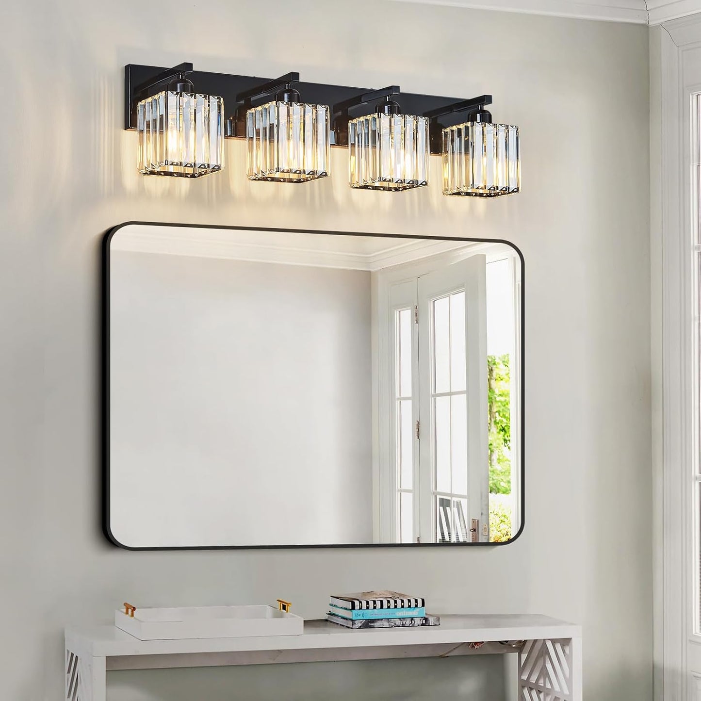 Modern Bathroom Vanity Light 4-Lights Plating Black Crystal Bathroom Wall Light Vanity Light Fixtures