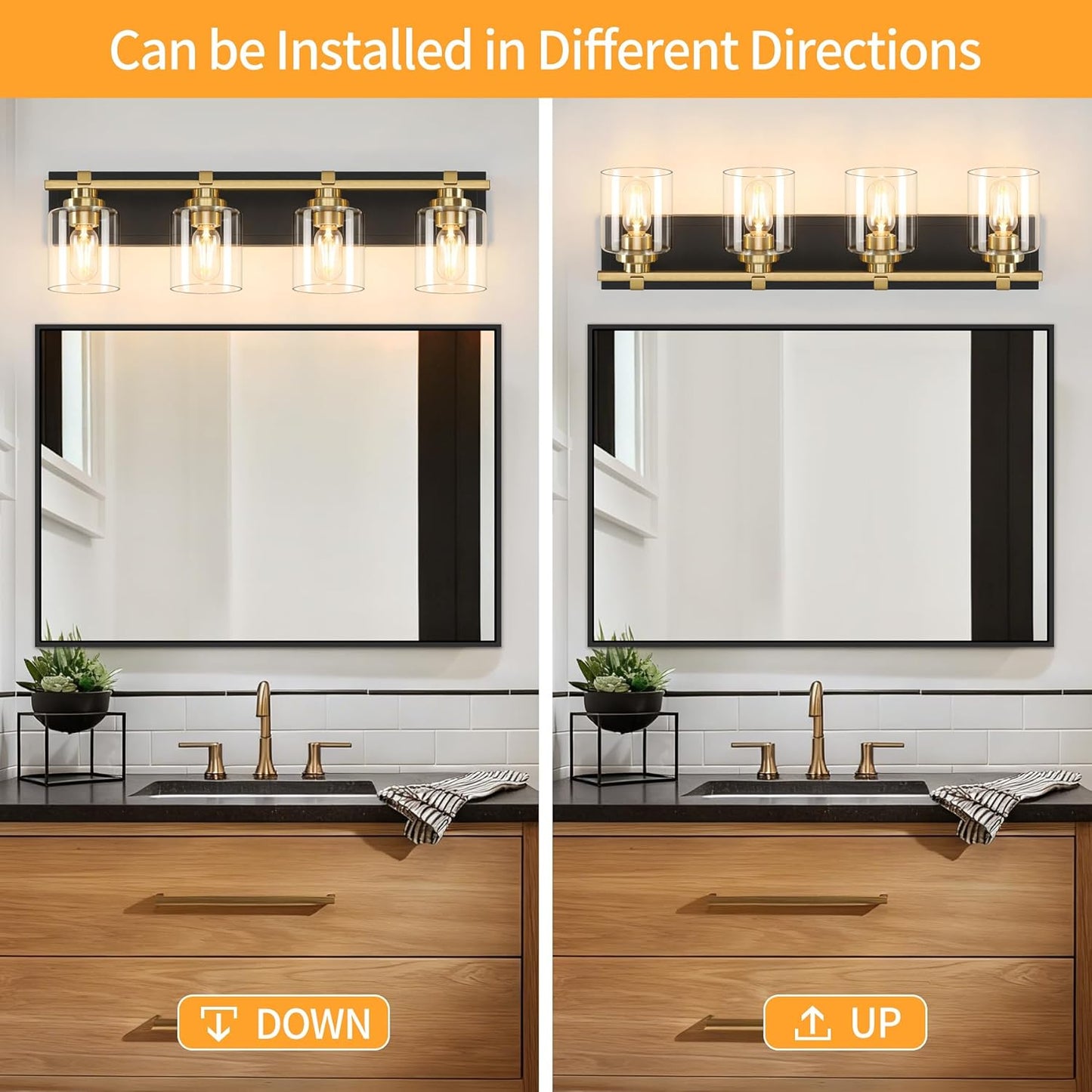 4 Light Modern Bathroom Light Fixtures Over Mirror, Black Gold Vanity Lights for Bathroom Wall Sconces with Clear Glass Shades, E26 Socket (Bulbs Not Included)