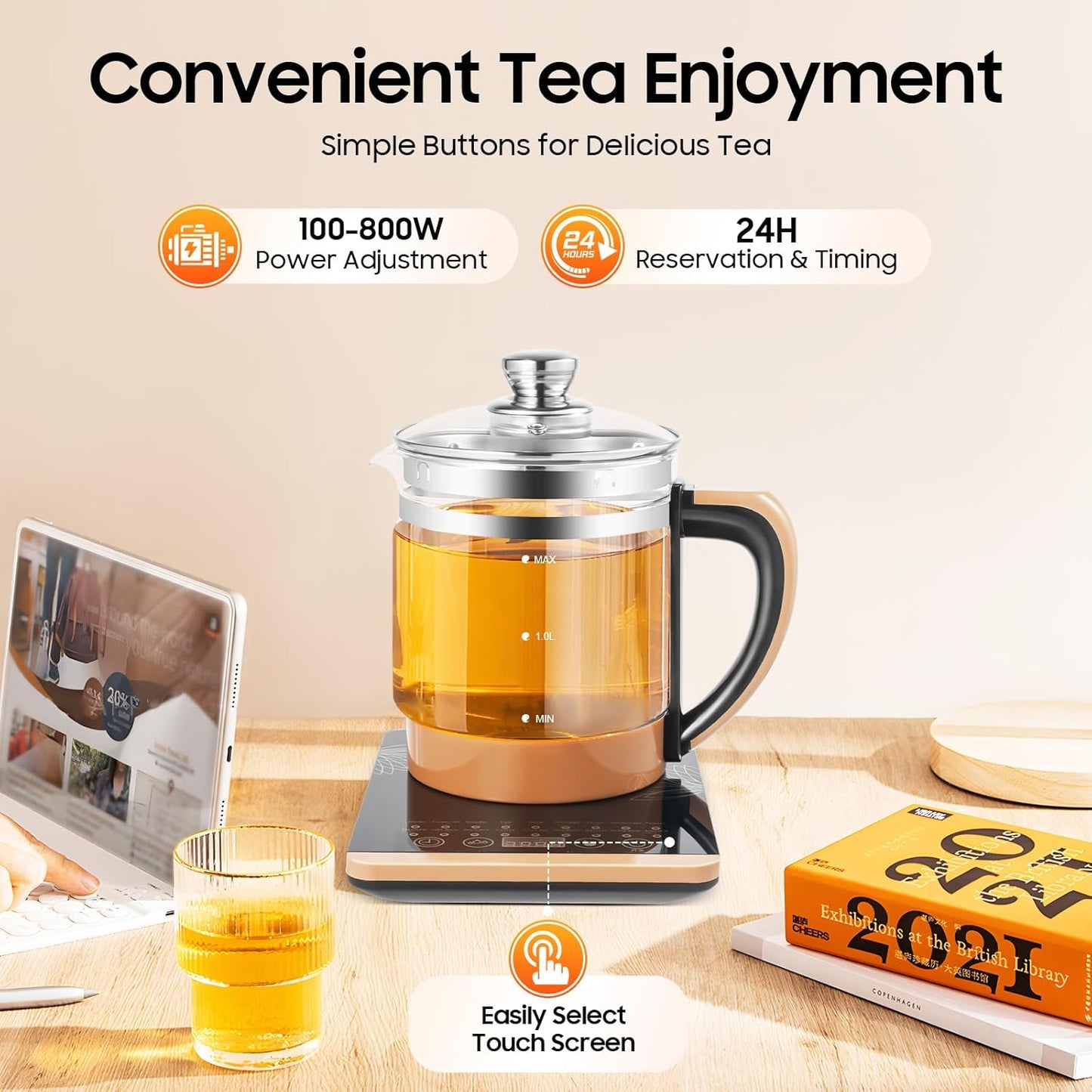 Electric Glass Kettle Kit, 1.8L Glass Hot Boiler With Digital Base, 800W Temperature Control Electric Kettle with Steamed Eggs Holder Hfor Boiling Water, Tea, Coffee