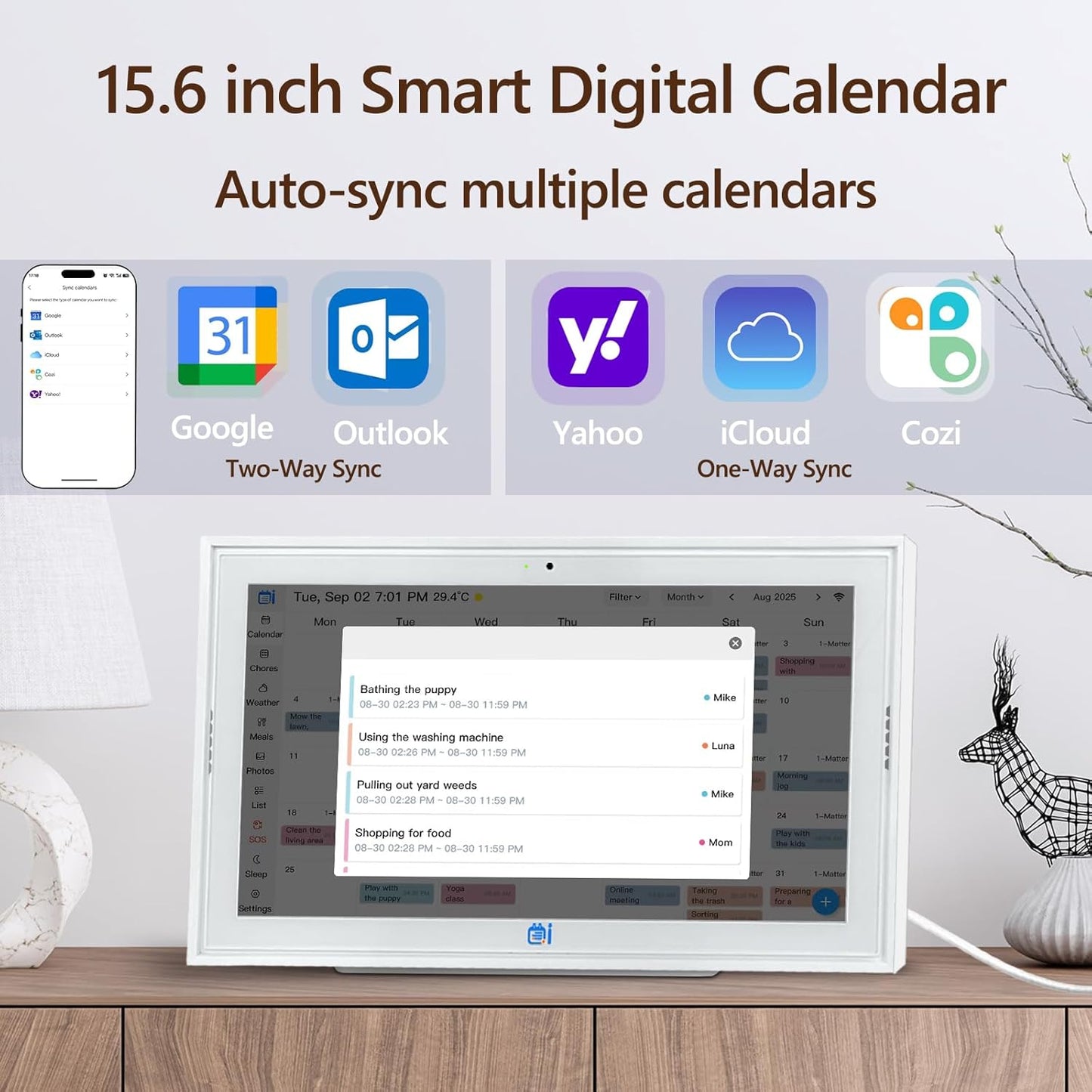 15.6 Inch Digital Calendar,Desktop&Wall Calendar Planner,Chore Chart,Meal Planning,Photo Share,Alarm Reminder,Task Rewards System,TouchScreen Smart Electronic Calender for Family Organizer- 5MP Webcam