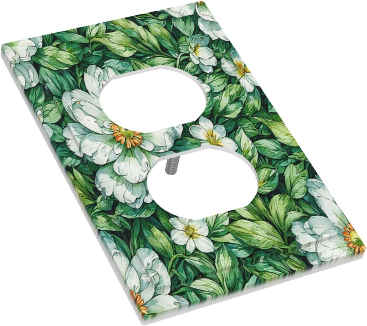 Vintage Floral White Flowers Green Plants Leaves Outlet Covers 1 Gang Duplex Light Switch Cover Wall Plate Decorative Switch Plates Electrical Receptacle Faceplate for Bedroom Bathroom Decor