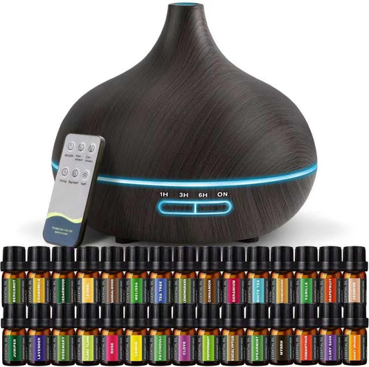 SACATR 550ml Oil Diffuser with 30x5 mL Essential Oils, Ultrasonic Technology, Remote Control for Home Office