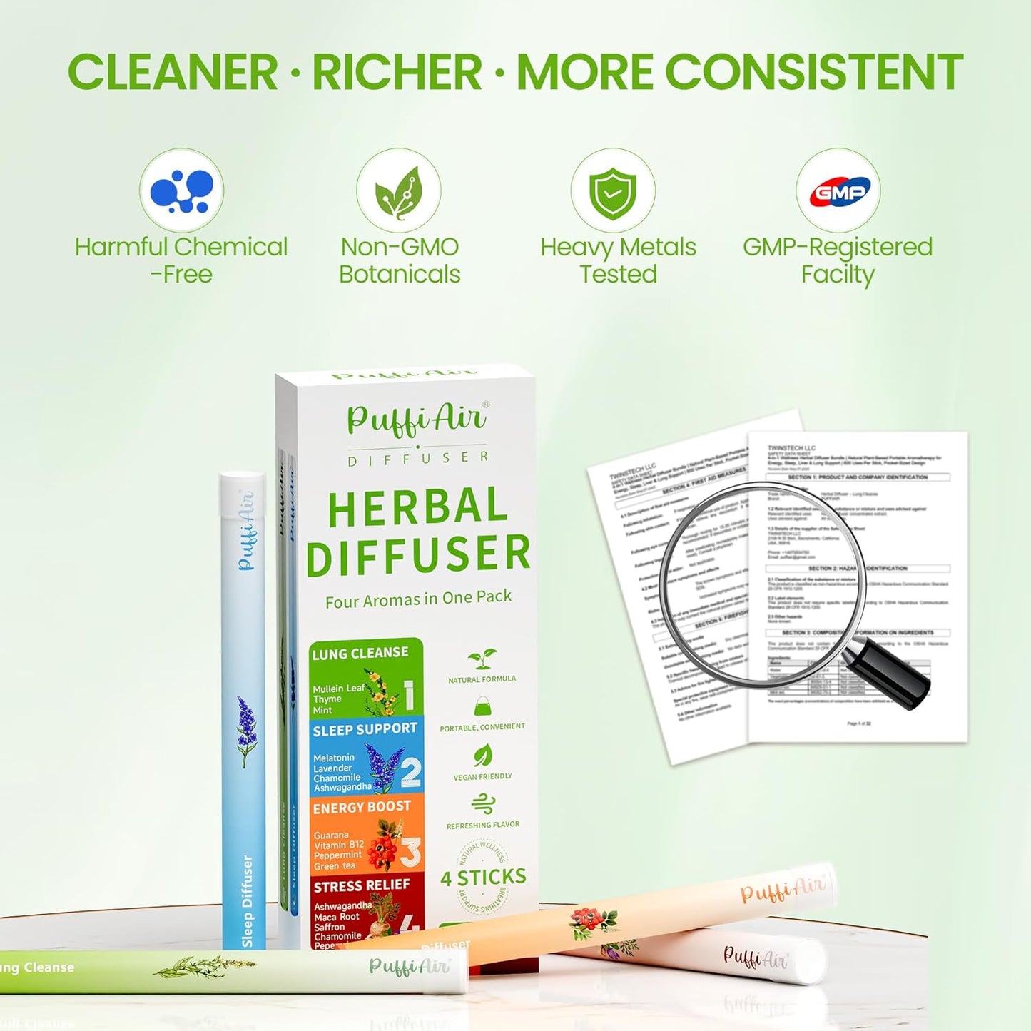 PUFFIAIR Balanced Routine Quad Herbal Diffuser Pen Set | Energy Relax Calm Blends | Green Brown Orange Blue | 4 Count