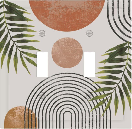 Beautiful Boho Mid Century Large Archs Sun Leaves Plants Decorative Switch Plates 2 Gang Double Toggle Outlet Light Switch Cover Wall Plate Electrical Faceplate for Bedroom Living Room Decor