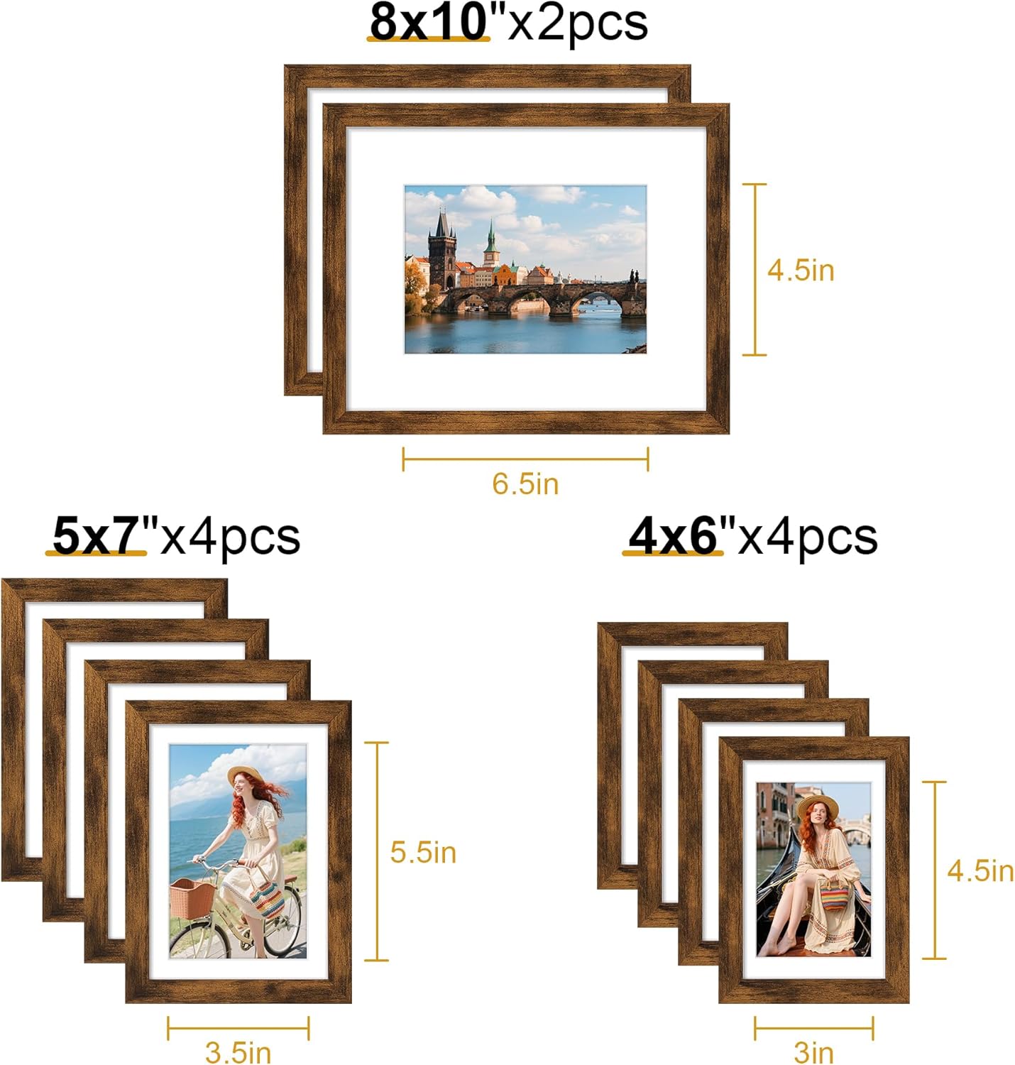 decorUhome Picture Frames Collage Wall Decor for Photo Gallery Display, Assorted Picture Frames set of 10 Including Two 8x10 / Four 5x7 / Four 4x6 for Family Wall Decor, Distressed Brown, 10 Pack