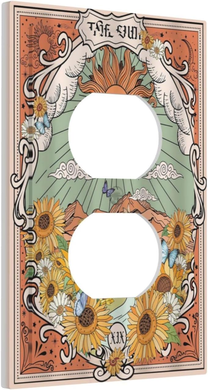 Boho Retro Sun Sunflower Vintage Flower Butterfly Outlet Covers 1 Gang Duplex Light Switch Cover Decorative Switch Plates Electrical Receptacle Faceplate Wall Plate for Farmhouse Home Decor