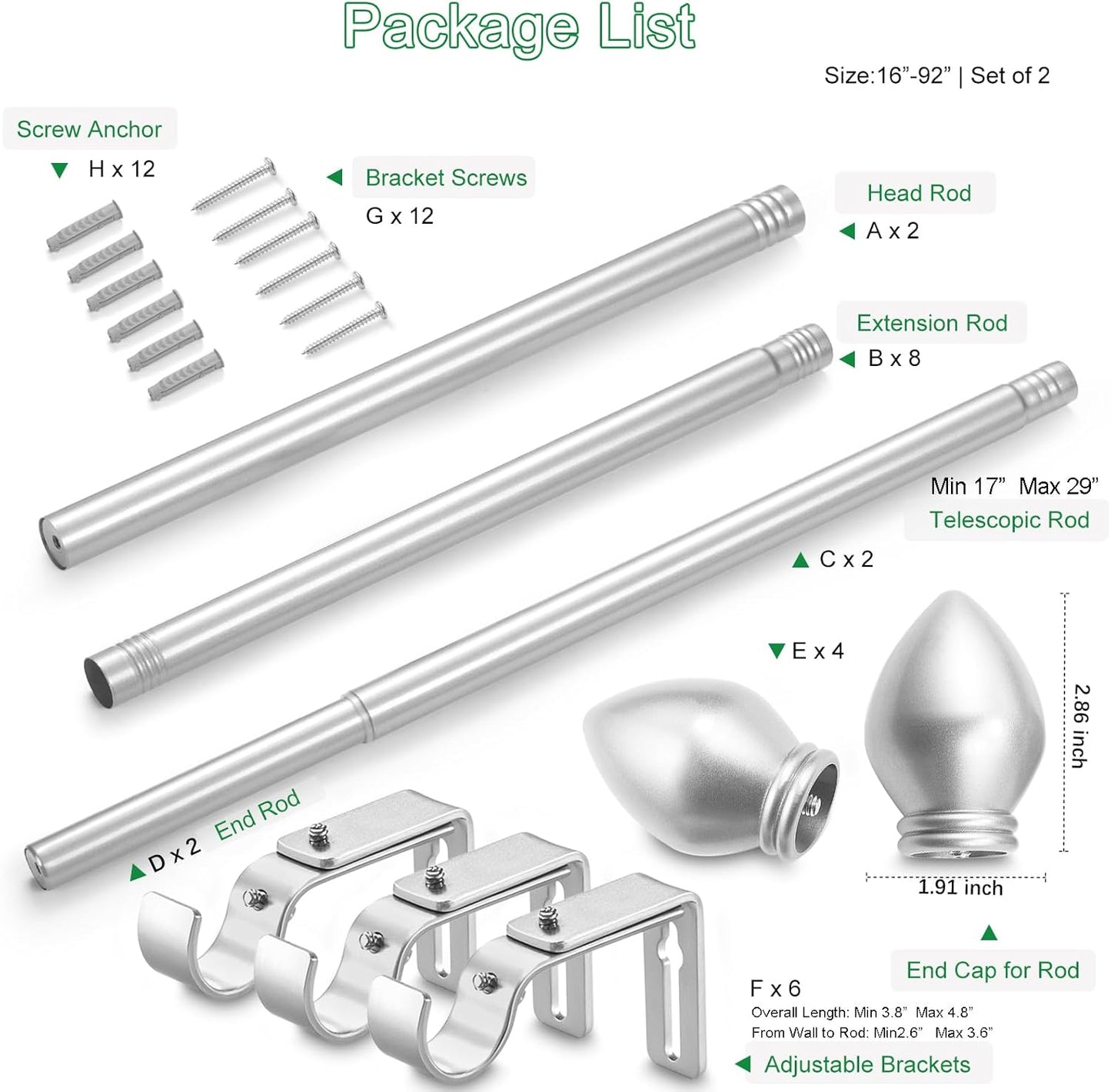 Curtain Rods for Windows 16 to 92 inches, Curtain Rod Max Adjustable Length to 104 in, Drapery Rod 1 inch Diameter with Modern Knobs Finials (Satin Silver, 16" to 92" - Set of 2)
