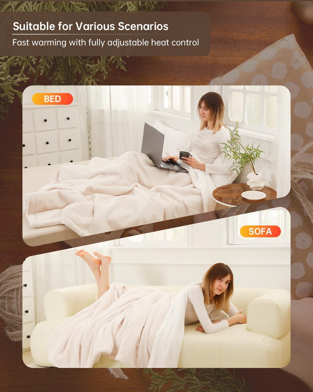 Electric Heated Blanket Throw Size, Washable Blanket Warmer for Home for Adults, Fast Heating Super Cozy Soft Fabric, 50" x 60", 9 Heat Levels, 1-9H Auto-Off, ETL Certified, Pink White