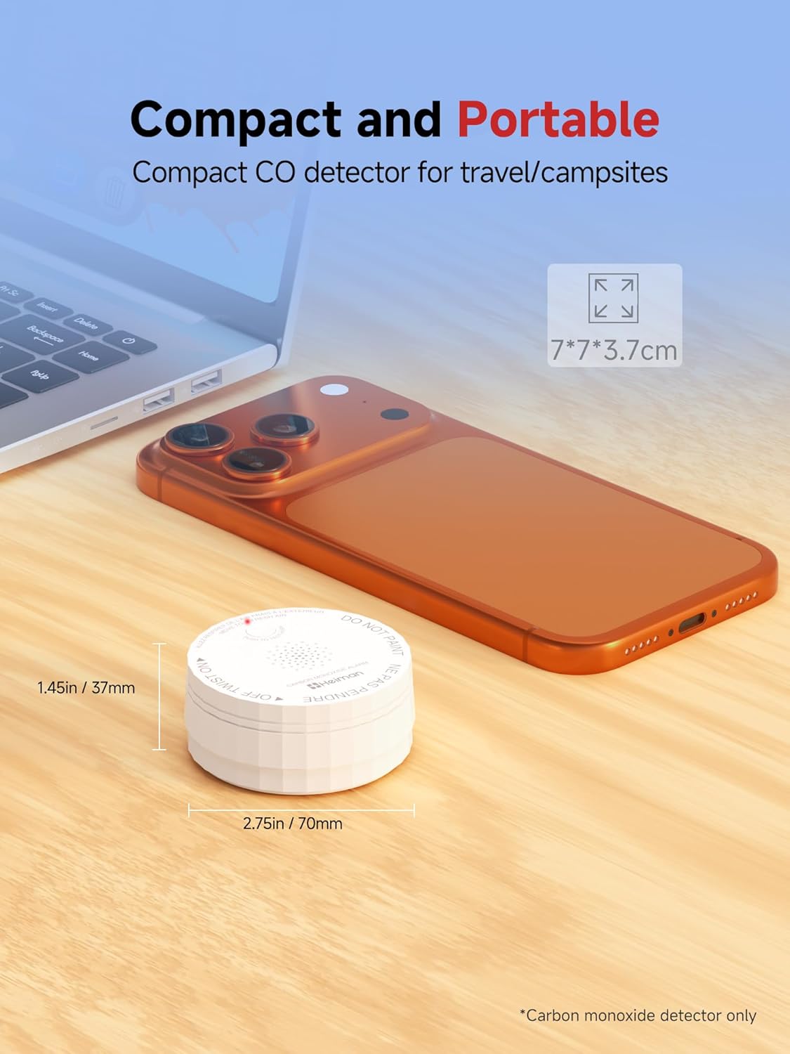 Heiman Smart Carbon Monoxide Detector, Wi-Fi Nano CO Alarm, ETL Listed Real-Time Push Notifications Battery Powered, Test-Reset Button, 2034 Standards, 10-Year Figaro Sensor, Portable for Trave