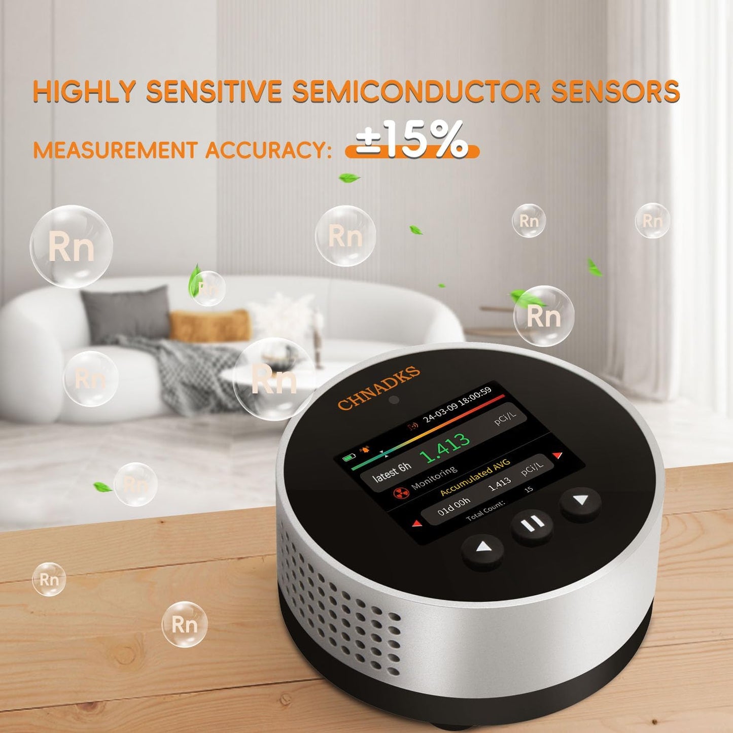 RM-65 Radon Detector for Home Basement, Continuous Radon Monitor with Audible & Visual Alarm, LCD Color Display, Long Term Portable Gas Detector for Home, pCi/L or Bq/m³