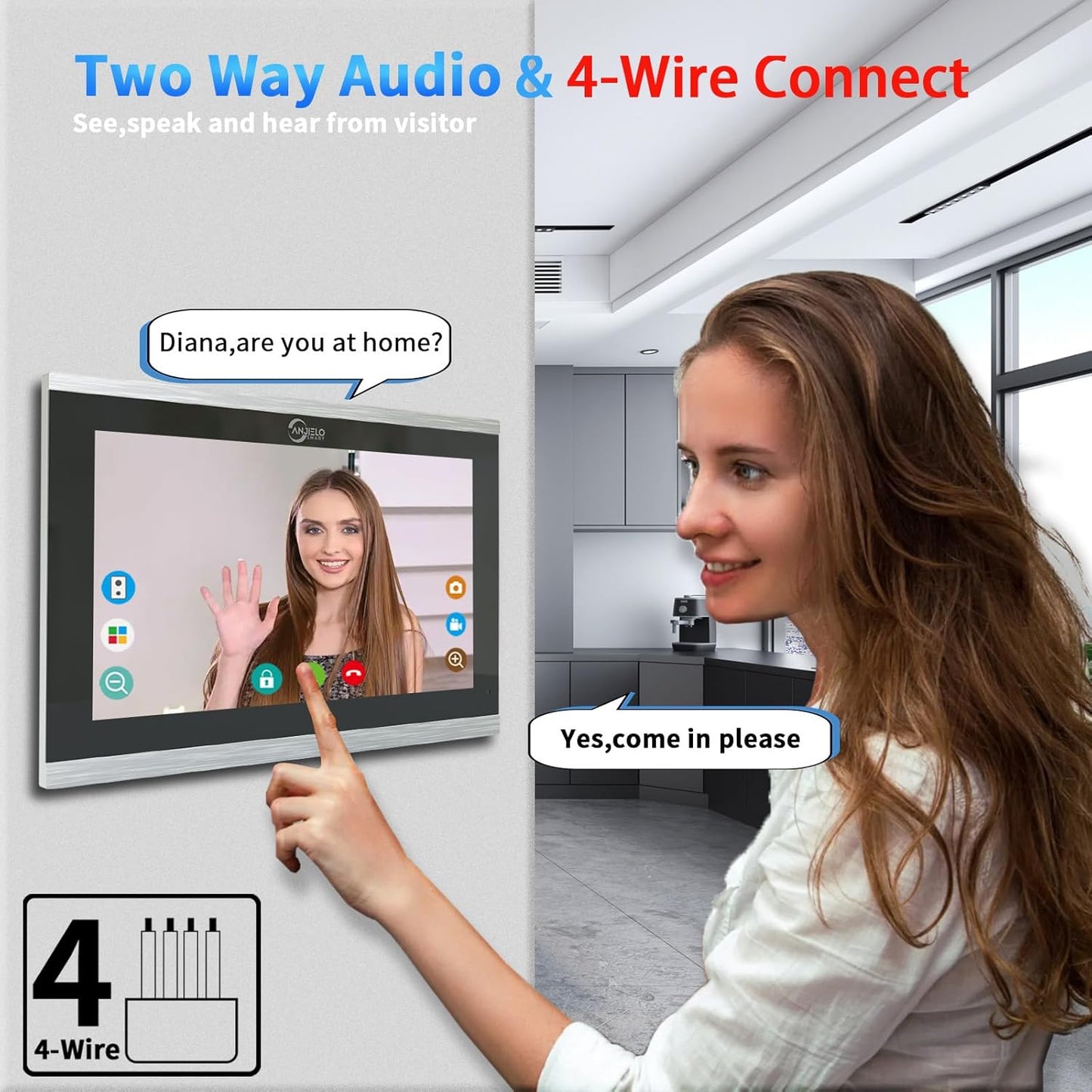 ANJIELO SMART Wired Video Doorbell Apartment Intercom System,4 Family Units 10 Inch Touch Monitor,3 in 1 Unlocking,Dual Way Intercom Motion Detection Tuya for Villa Home (1 Doorbell(b)+ 4 Monitor(s))