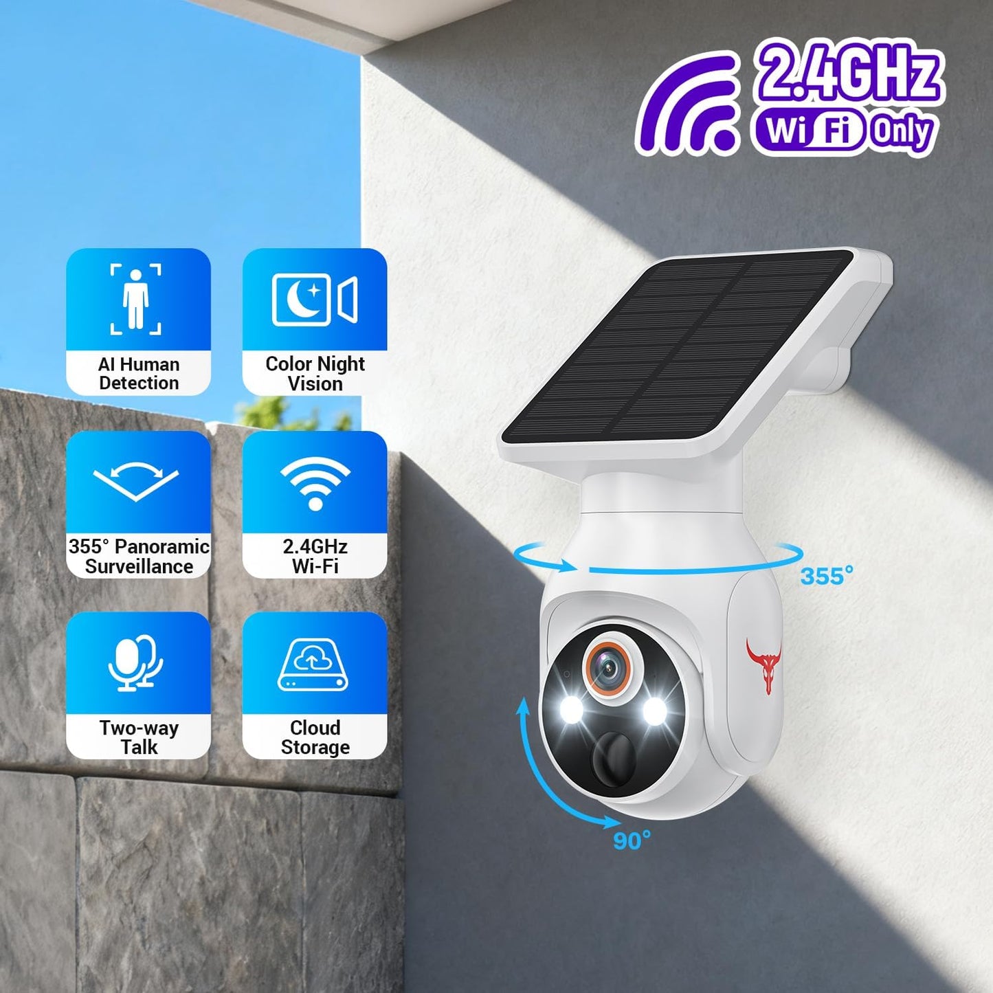 1080P Security Camera Wireless with Solar Panel, Smart AI Human Detection, 2-Way Talk, 360 Surveillance Cam, Color Night Vision, Real Time Alerts, 2.4G Wi-Fi, Cloud Storage (Sold Seperately)