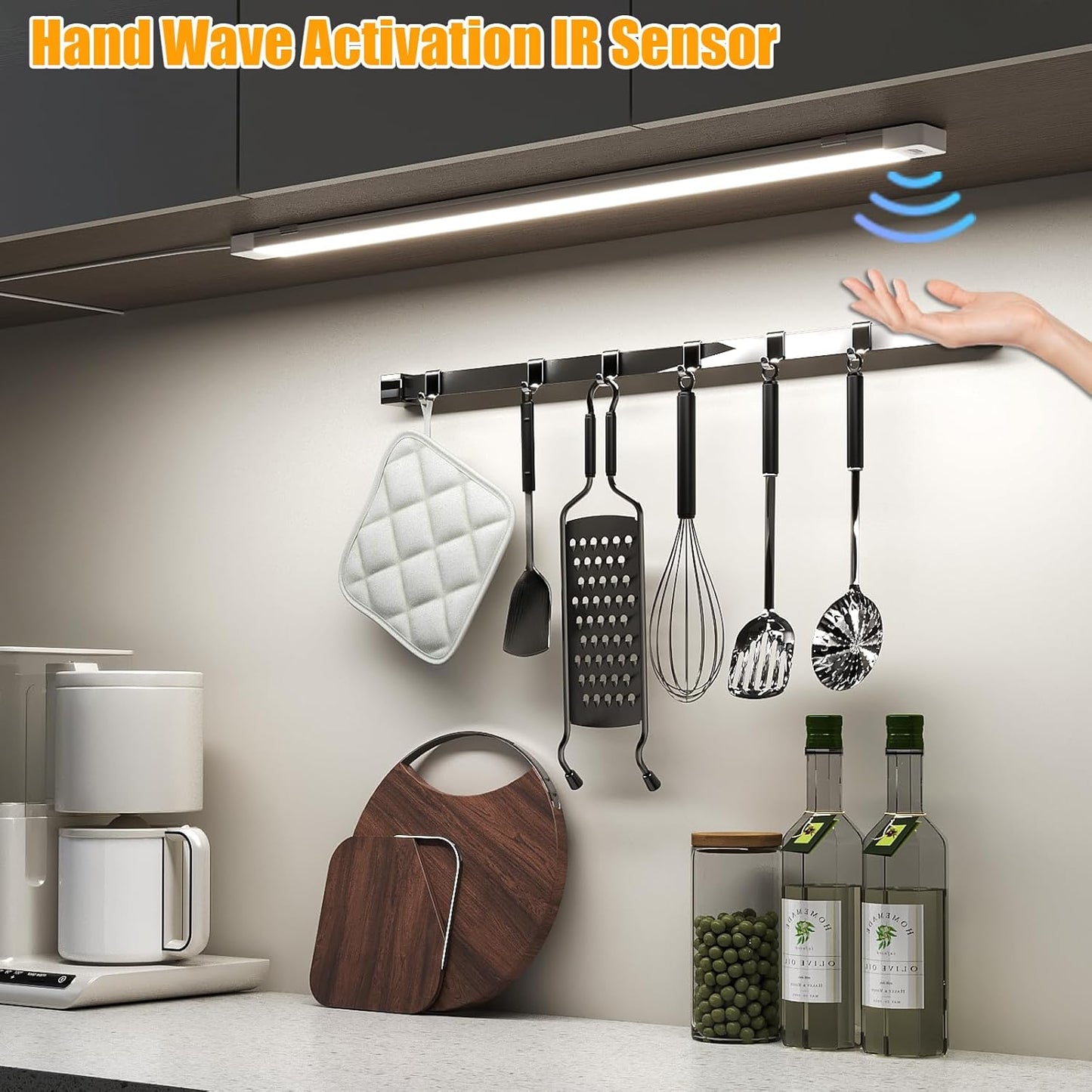 MYPLUS 16" Hand Wave Activated Under Counter Lighting, 2 Pcs LED Cabient Lights Motion Sensor with 5 Color Warm/Daylight/Cold White, Bright 450 Lumens LED Lights for Kitchen