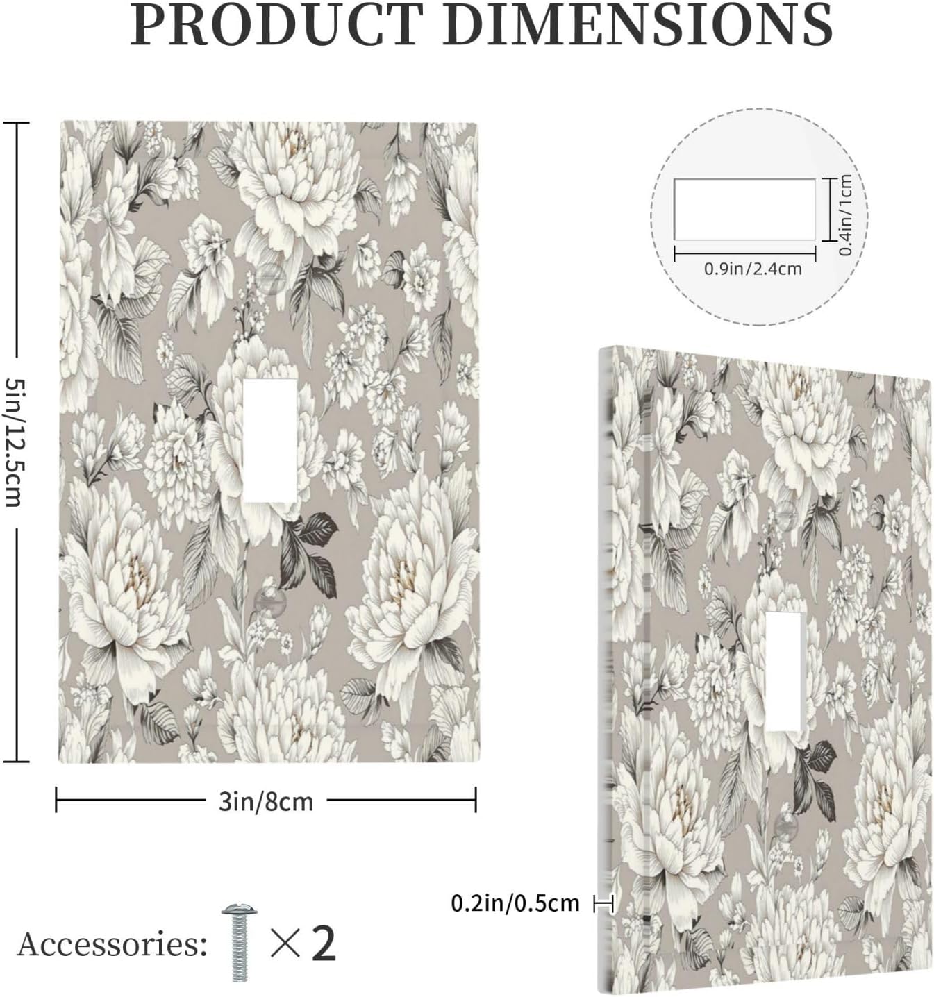 White Poppies Floral Modern Grey Peonies Flowers Decorative Light Switch Cover 1 Gang Single Toggle Decorator Outlet Wall Plate Device Electrical Faceplate Switchplates for Bedroom Bathroom