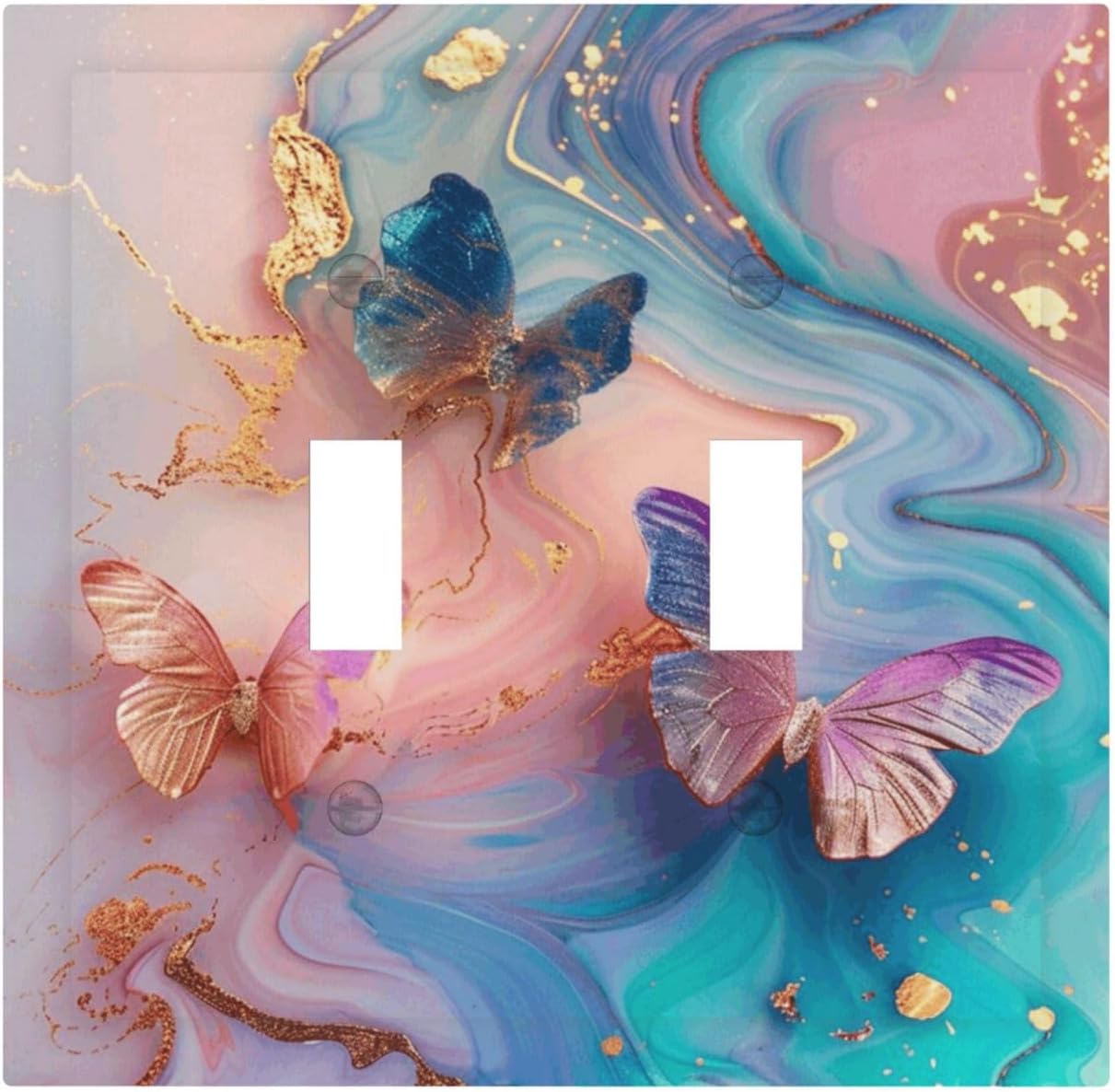 Colorful Marble Butterfly Gold Glitter Abstract Print Decorative Switch Plates 2 Gang Double Toggle Outlet Light Switch Cover Wall Plate Electrical Faceplate for Bed Room Living Room Decor