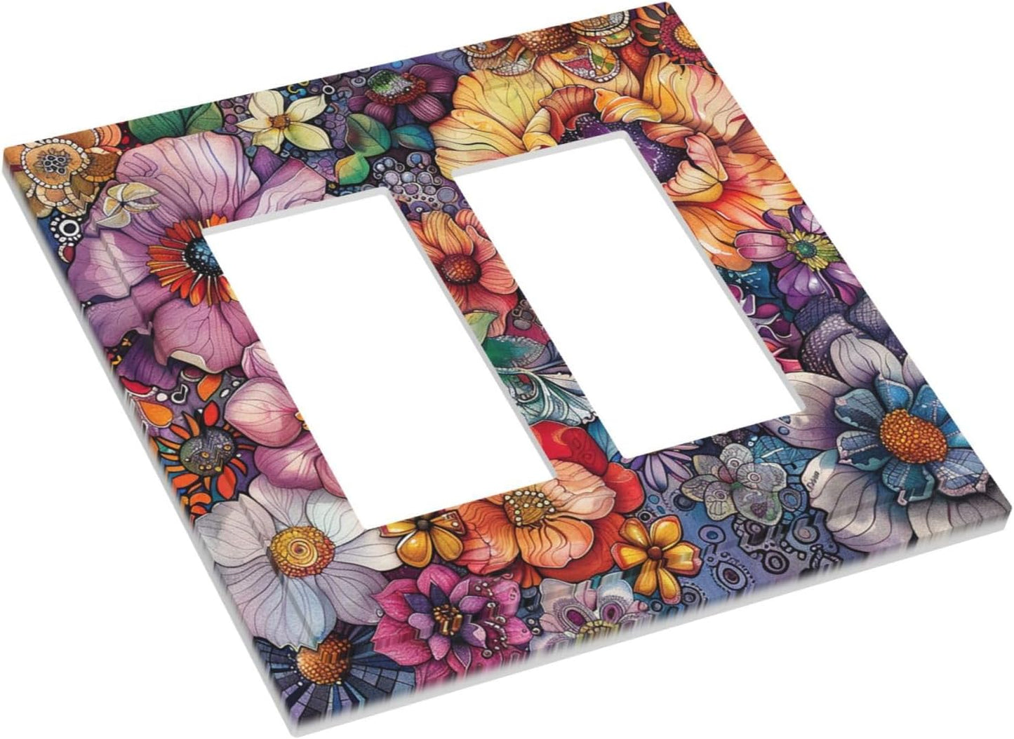 Decorative Outlet Covers Colorful Bohemian Flowers Vintage Boho Floral 2 Gang Double GFCI Rocker Electrical Wall Panels Light Switch Cover Plate for Bed Room living Room Decor