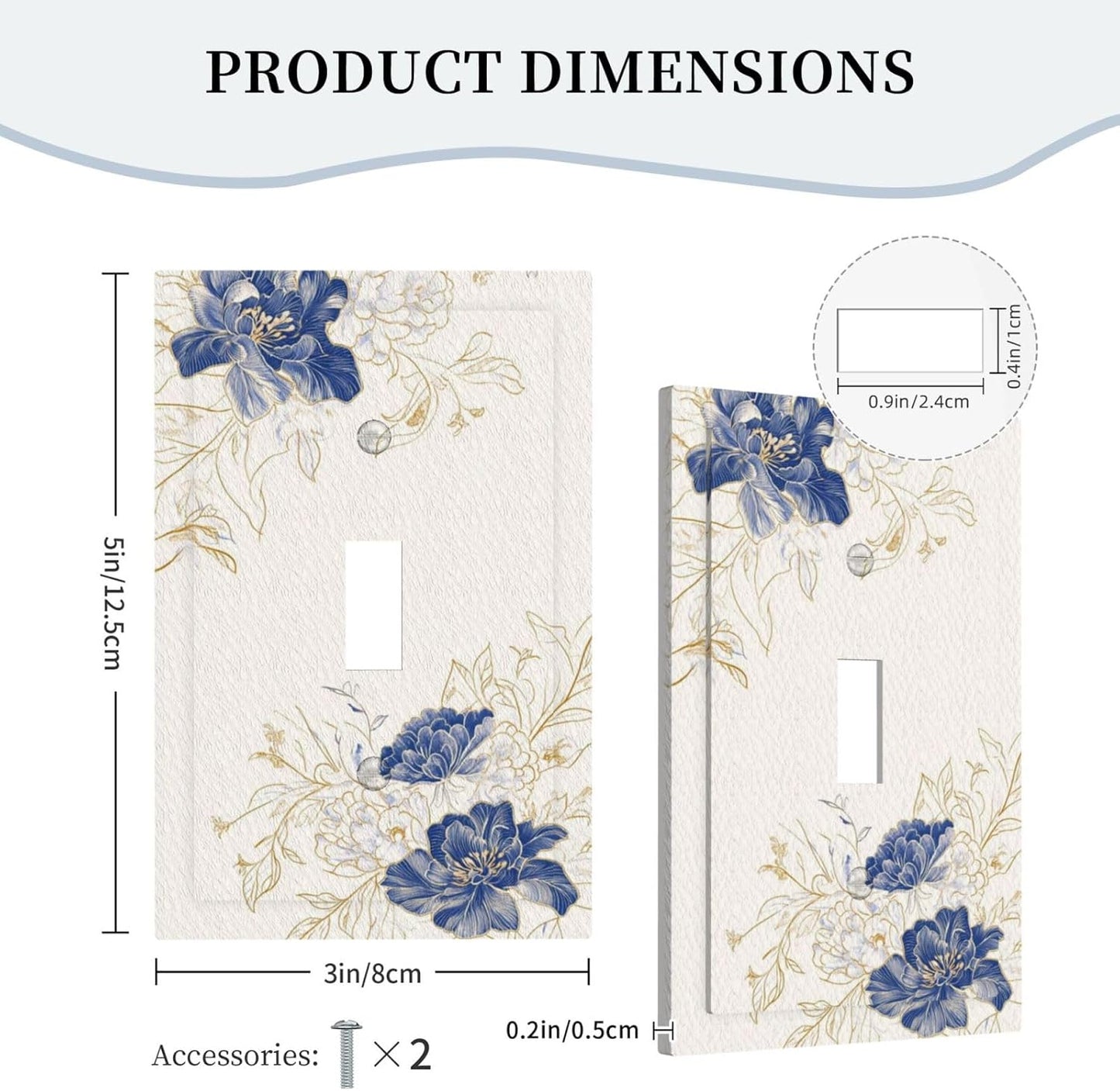 Decorative Light Switch Cover Plate Rustic Blue Flower Floral Gold Leaf 1 Gang Single Toggle Wall Plates for Electrical Outlet Covers Switch Plate Covers Faceplate for Bedroom Home Decor
