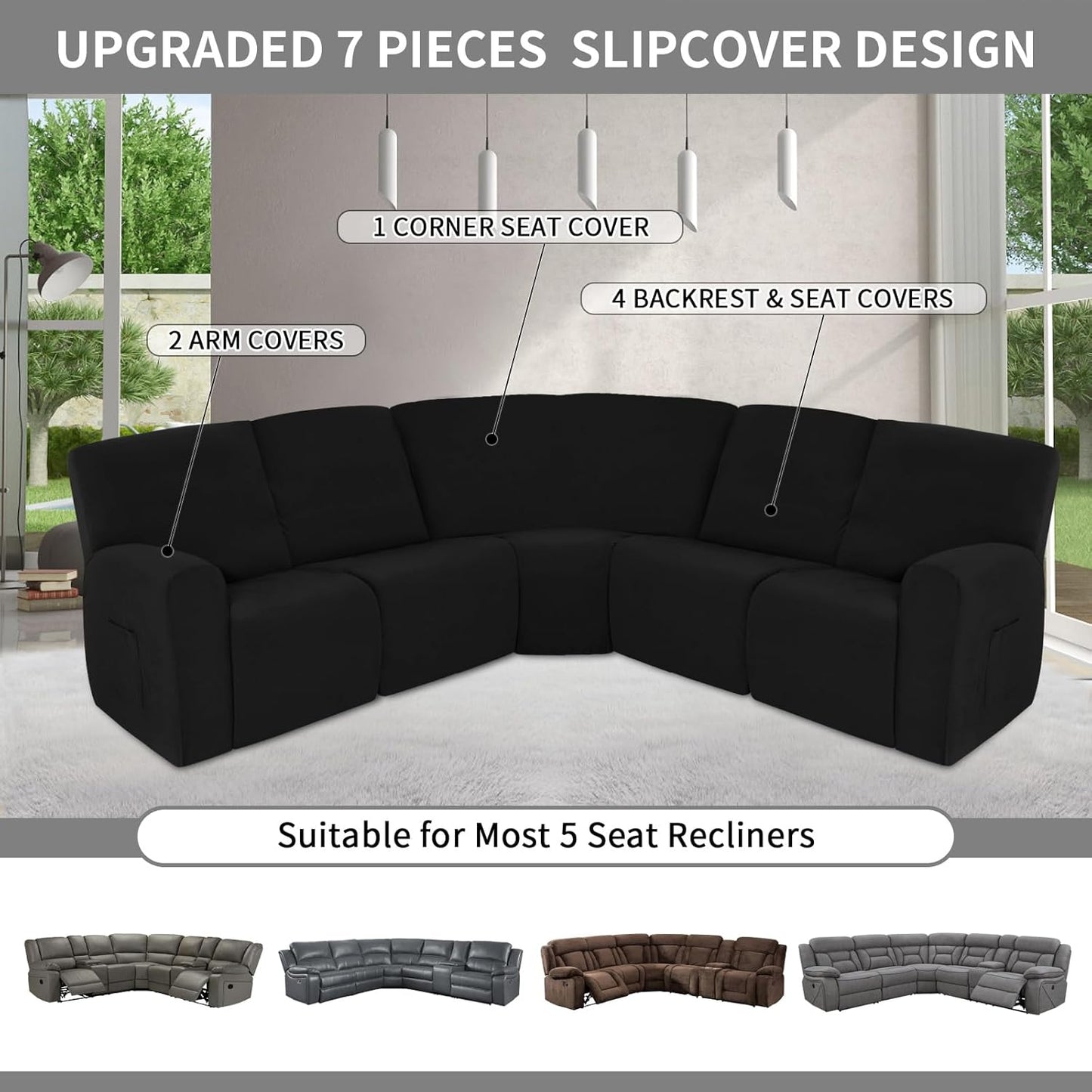 Easy-Going 100% Waterproof Recliner Cover, Stretch Couch Covers for Reclining Couches, Extra Large Sectional Sofa Slipcover, L-Shape Furniture Protector for Kids & Pets, 5 Seater, Black
