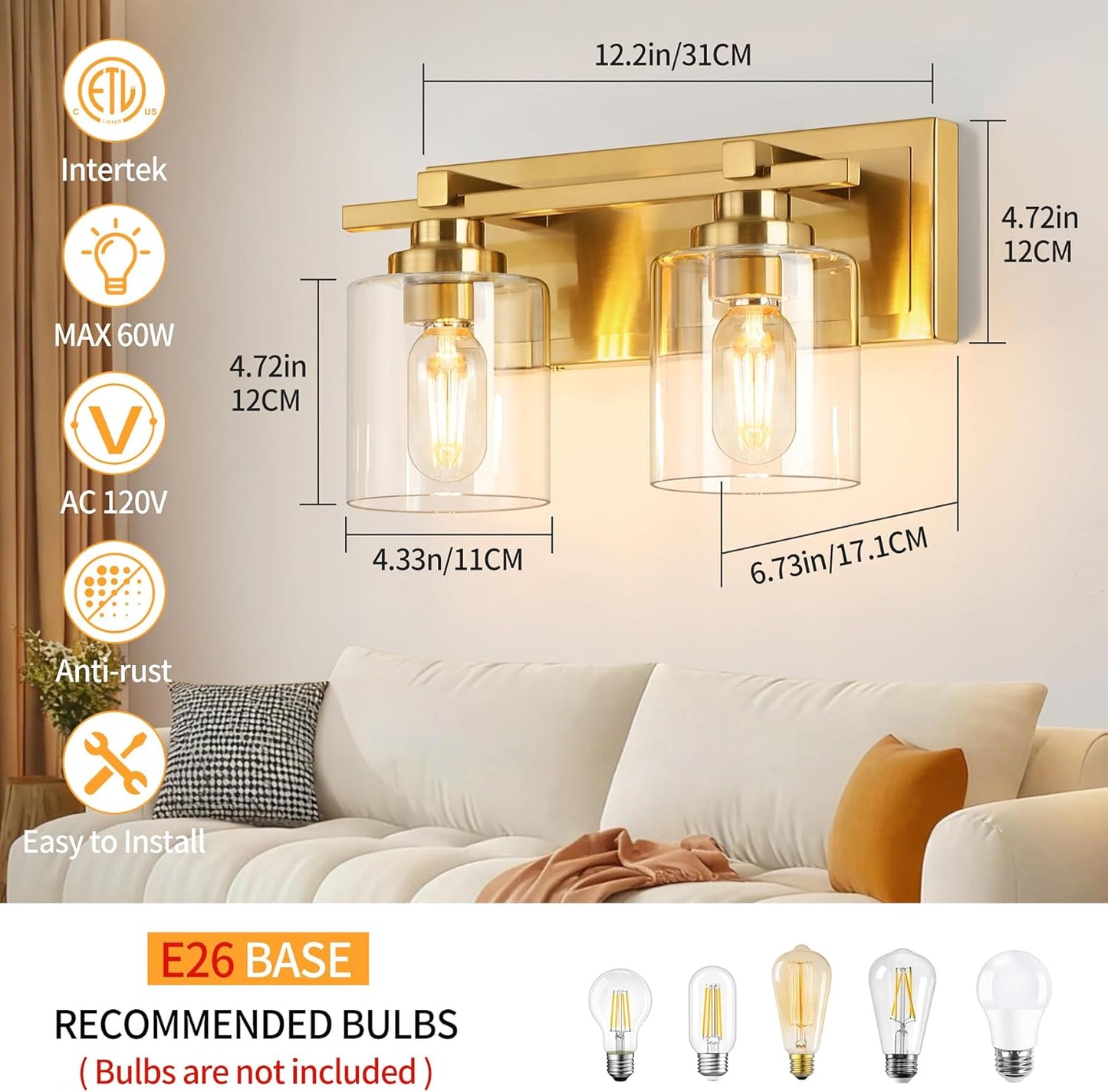 2 Light Modern Bathroom Light Fixtures Over Mirror, Brass Finish Vanity Lights for Bathroom Wall Sconces with Clear Glass Shades, E26 Socket (Bulbs Not Included)