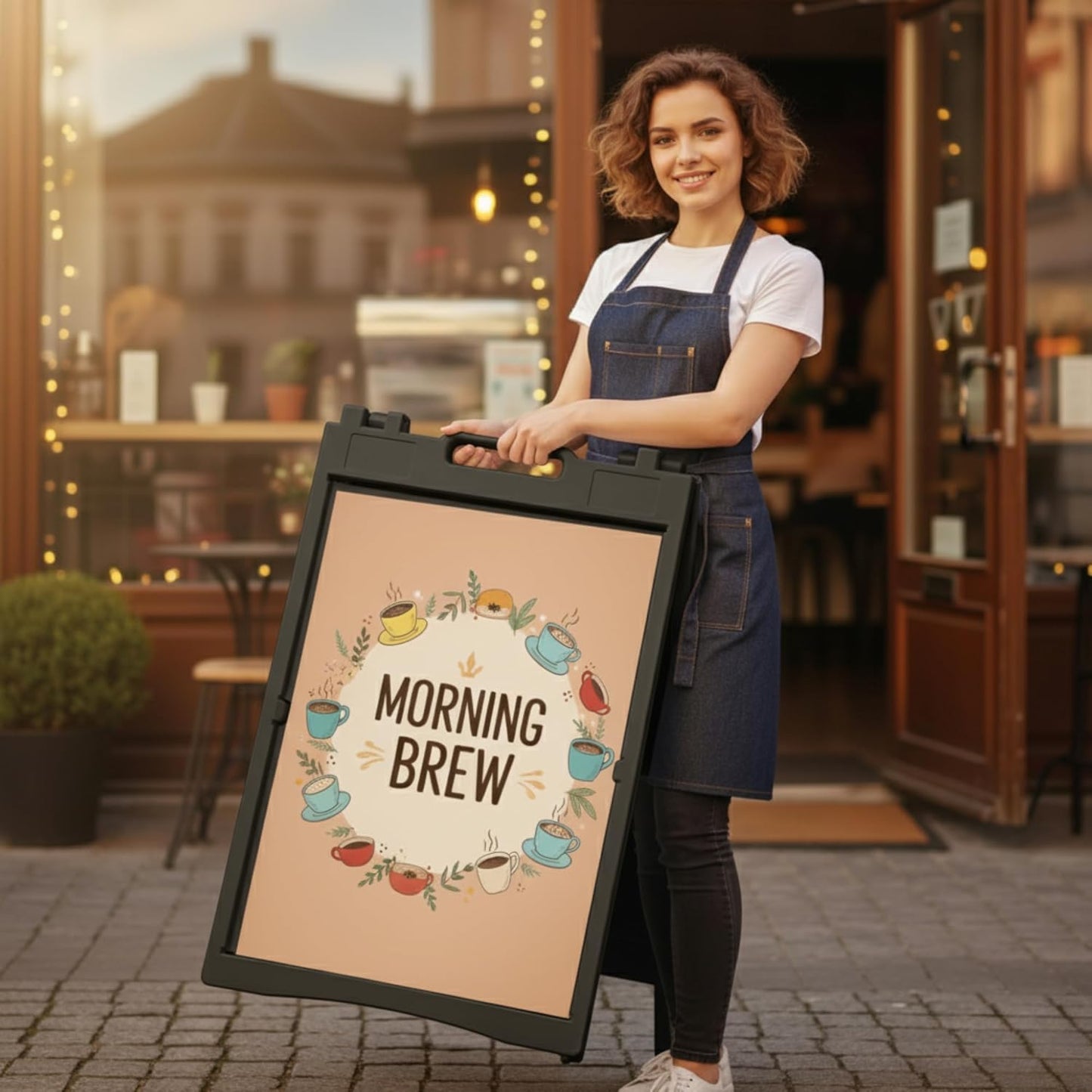 Deluxe A-Frame Sidewalk Sign, White, Double-Sided Display Board with Water-Fillable Base, 24x36 Inch Poster Size, Weather-Resistant PE Plastic (Black)