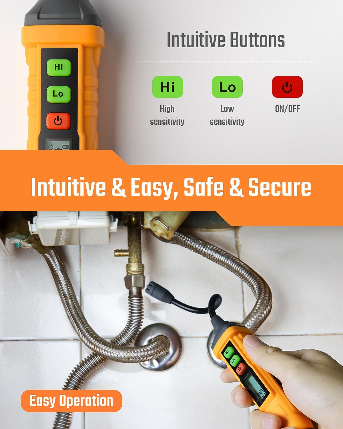 TopTes PT210S Gas Leak Detector, Natural Gas Detector with 4-inch Probe, Propane Leak Detector Locating Combustible Gases Like Natural Gas, Methane for Home, Measures%LEL (Incl. Batteries) - Orange